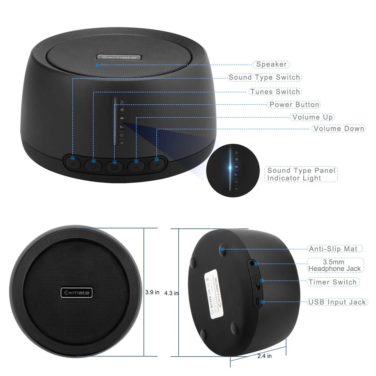 Exmate Machine à Bruit Blanc Portable 30 Sons Apaisants Fonction Mémoire Minuterie USB