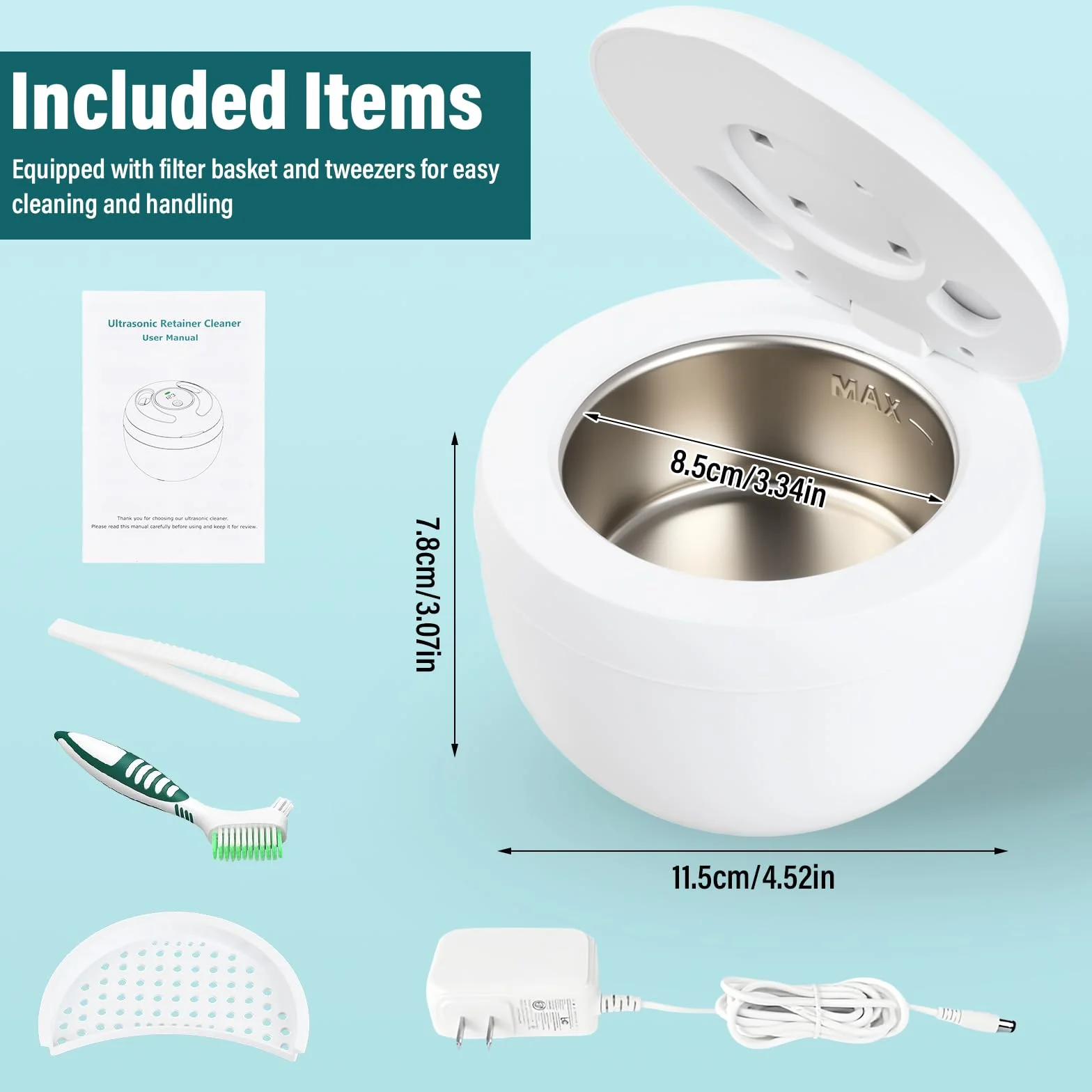 Nettoyeur Ultrasons 45kHz avec Lampe UV, Bac Ultrasonic Cleaner 200ml pour Prothèses Dentaires, Gouttière Dentaire, Aligneurs, Retainer, Bijoux