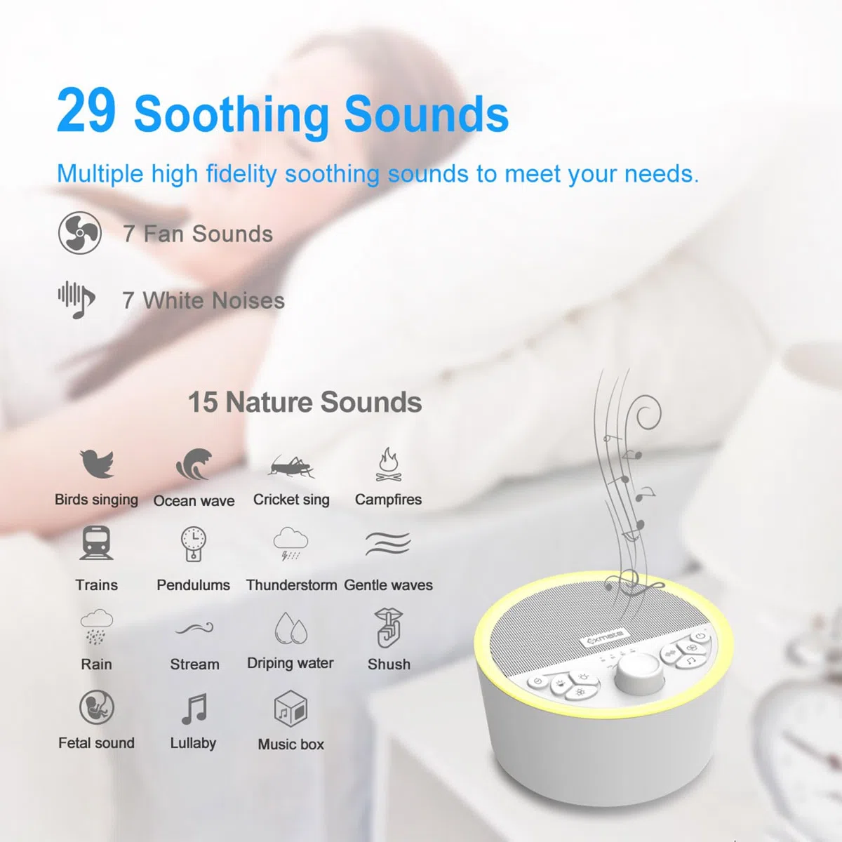 Exmate Machine de Bruit Blanc Portable avec veilleuse, 29 sons apaisants HIFI, contrôle du volume, minuterie, fonction de mémoire, blanc