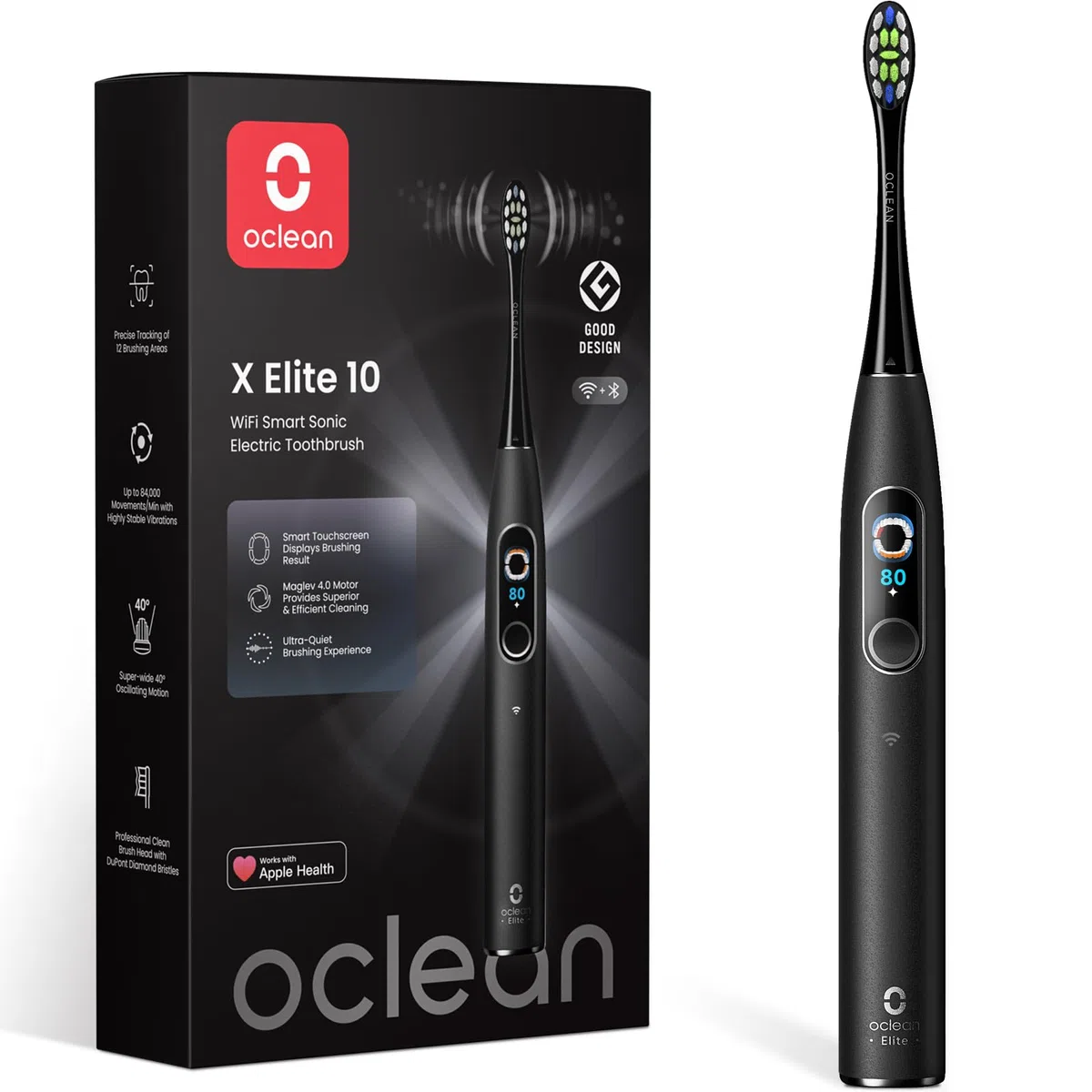 Oclean Brosse à dents électrique X Elite 10, Écran tactile, 12 zones de suivi, 5 modes de brossage avec Gencive, Brosse à dents sonique, 40 jours d'autonomie, Silencieux 45 dB, Minuterie, Noir