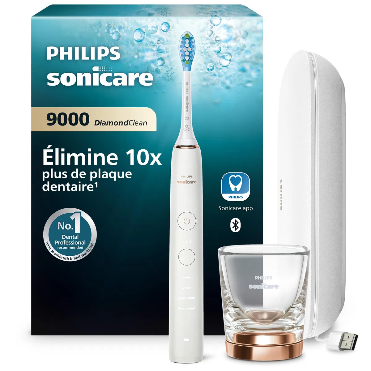 Philips Sonicare DiamondClean 9000 - Brosse à dents électrique, 4 modes de brossage, 3 niveaux d'intensité, Capteur de pression, Connecté à l’application, étui de voyage USB, or rose, HX9911/94