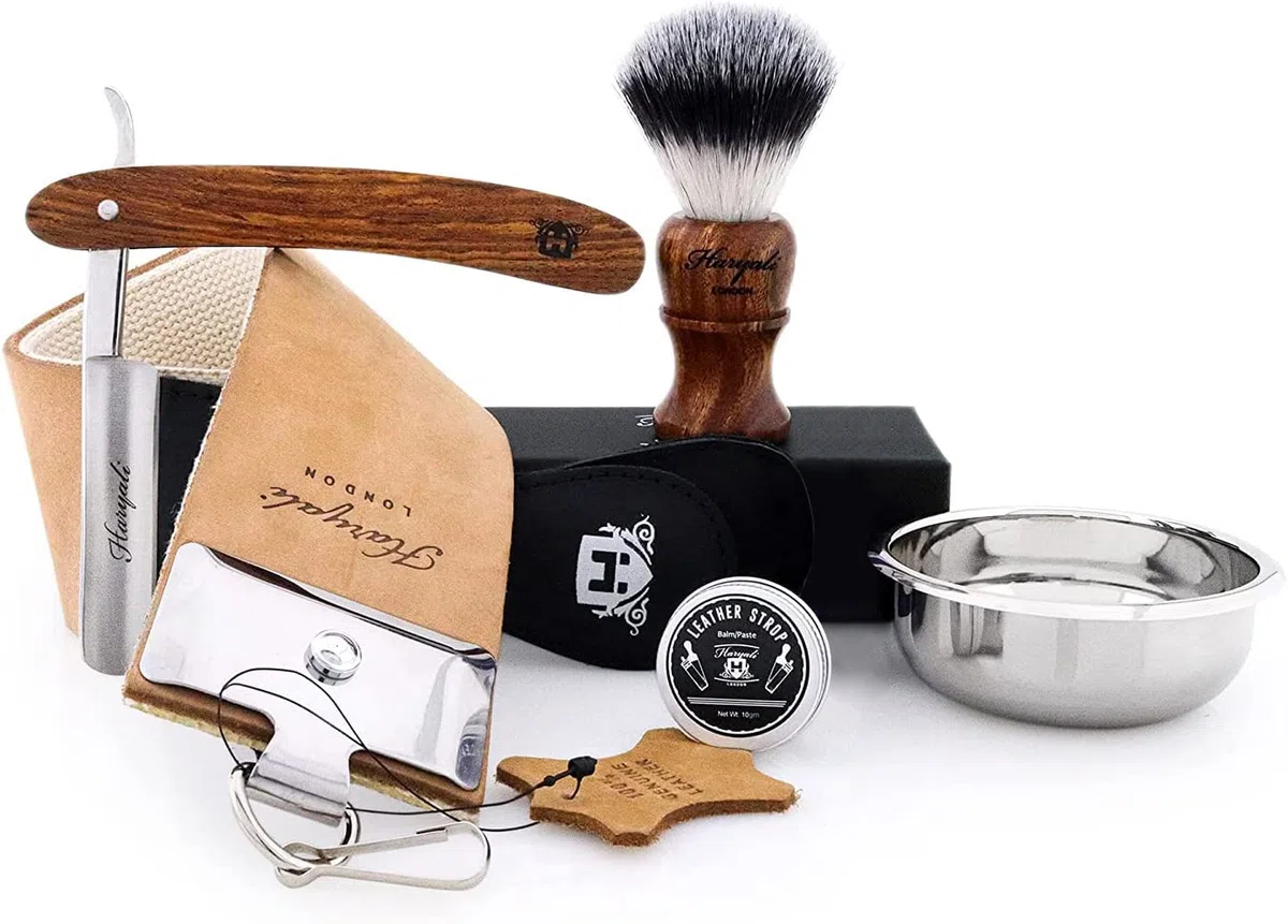 Kit de rasage vintage 6 pièces pour hommes Blaireau synthétique rasoir coupe-gorge cuir véritable XXL bol acier inoxydable
