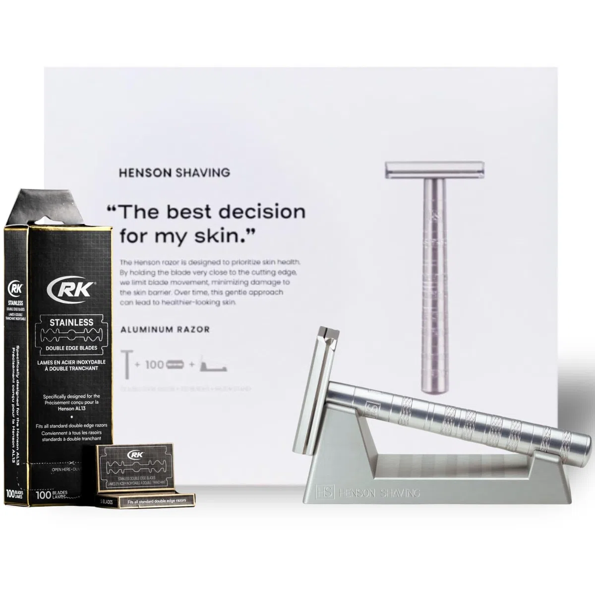 Coffret Rasage Henson Shaving AL13 Rasoir de Sûreté avec Support Aluminium et 100 Lames RK