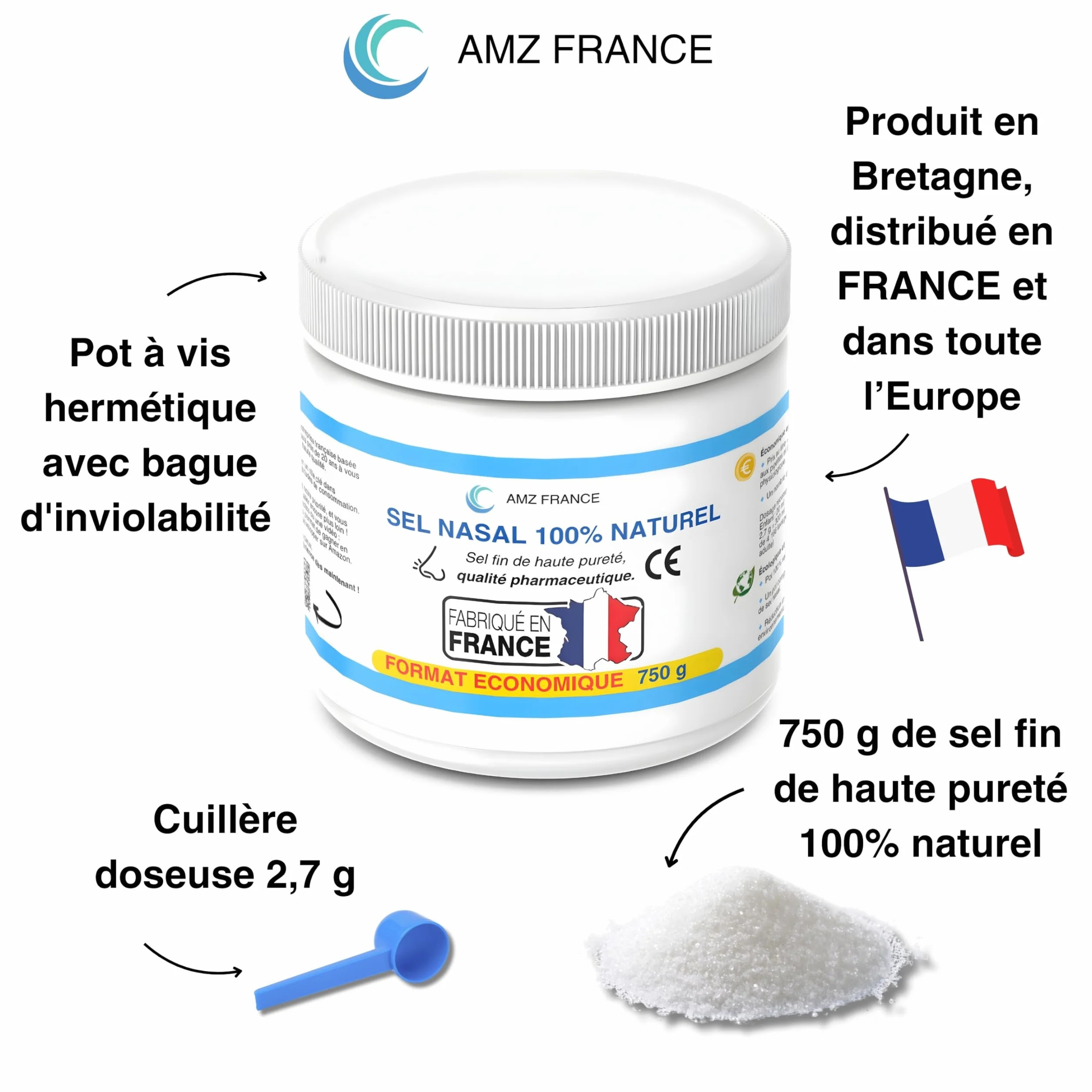 Sel Nasal 750g 100% Naturel Qualité Pharmaceutique Fabriqué en FRANCE 277 Lavages de Nez Boîte XXL Enfant Adulte