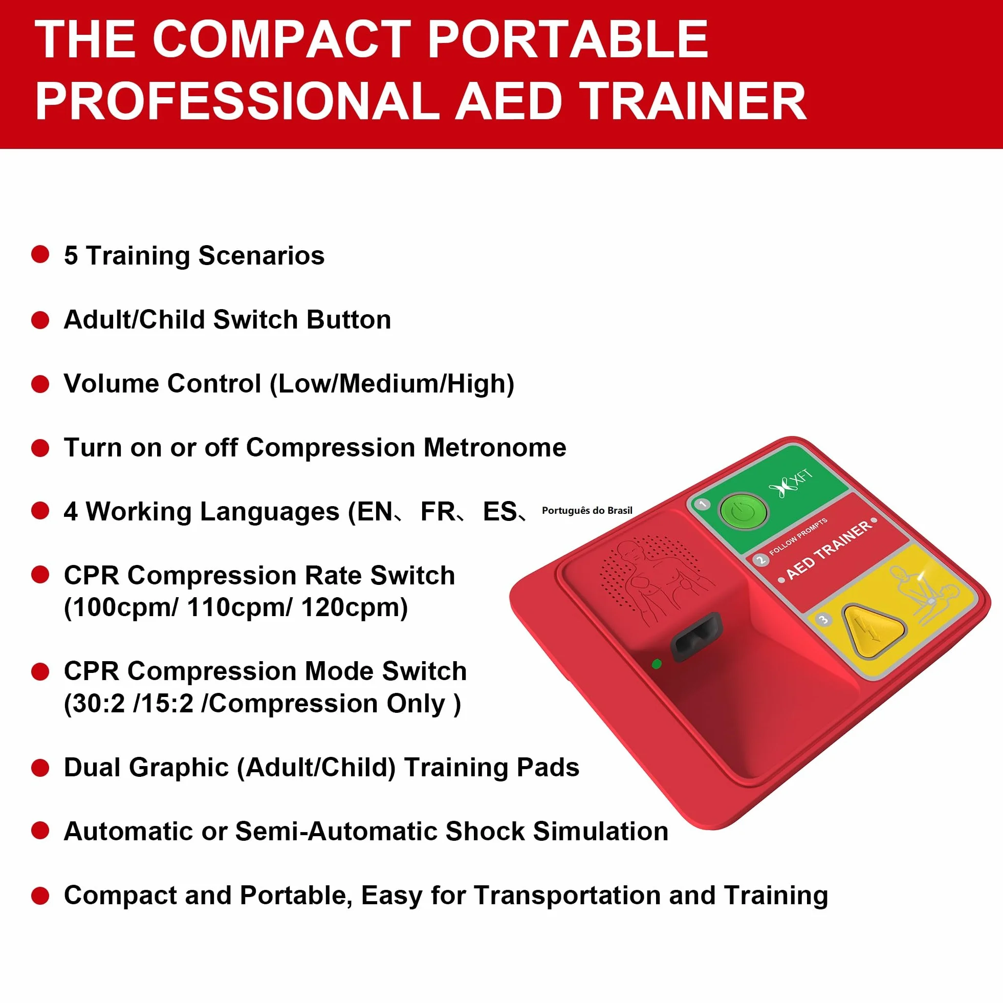 XFT-120N Kit d'entraînement pour défibrillateur AED Appareil d'entraînement CPR Trainer Devices, anglais, français, espagnol, portugais brésilien, 5 scénarios, kit d'entraînement de premiers secours