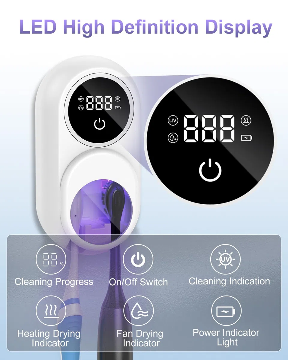 Désinfectant UV pour brosse à dents mural avec fonction de stérilisation et de séchage, écran intelligent LED, couvercle à détection automatique, support de brosse à dents rechargeable pour la