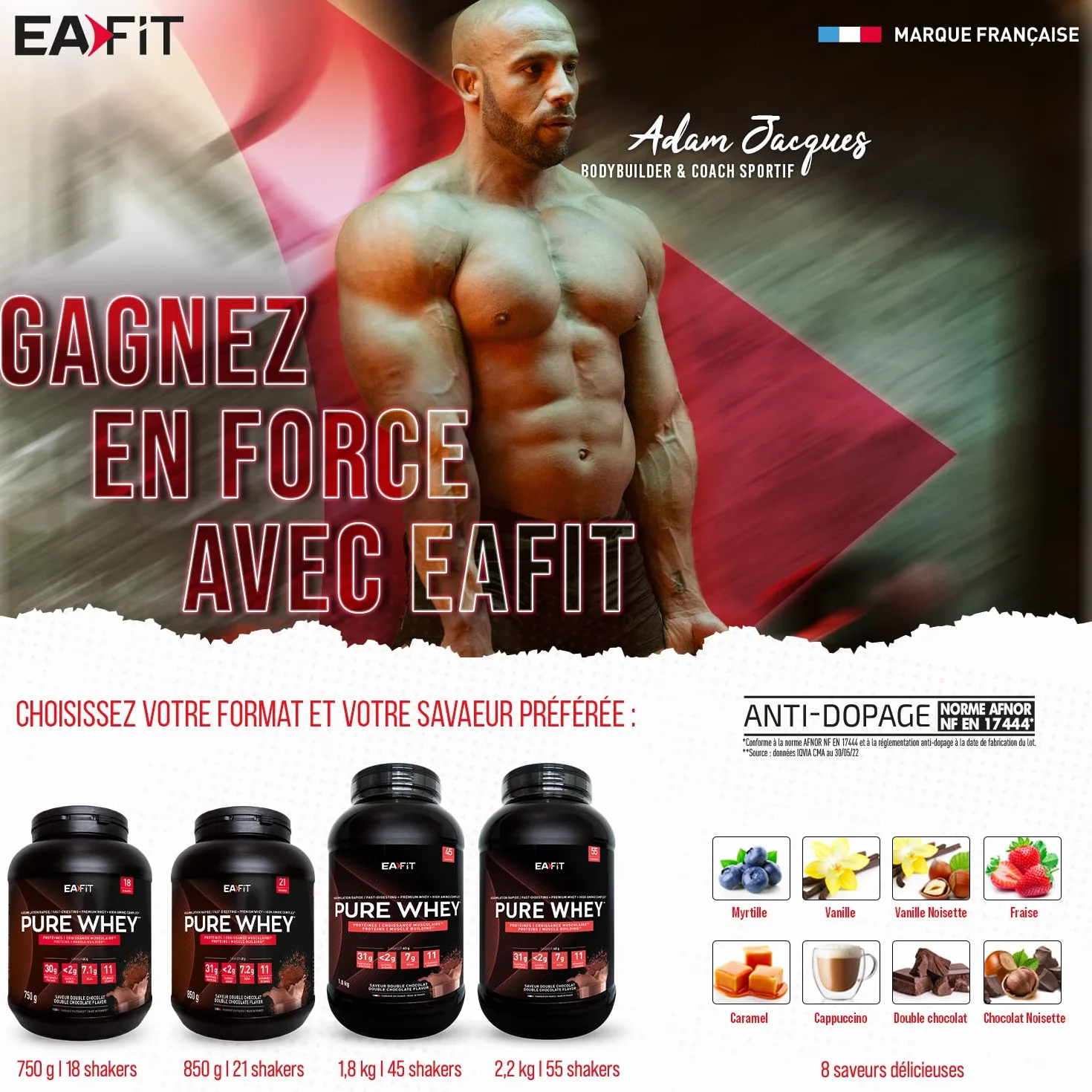 EAFIT Whey Protein Double Chocolat 850g 30g Proteine BCAA Pre Workout