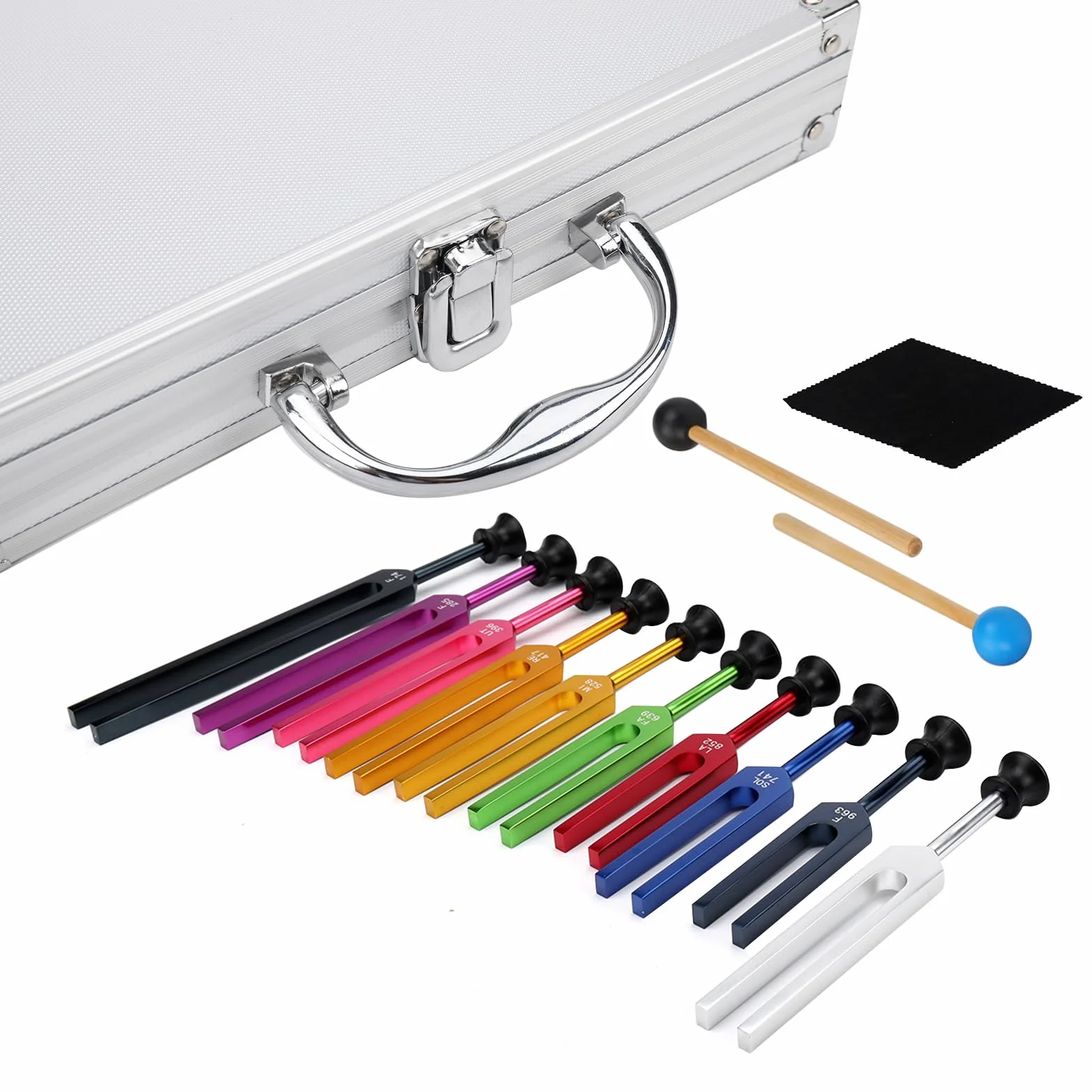Solfeggio Lot de 10 Diapasons Colorés 432 Hz Non Pondérés Musique Chakra avec Boîte Cadeau et 2 Maillets en Caoutchouc