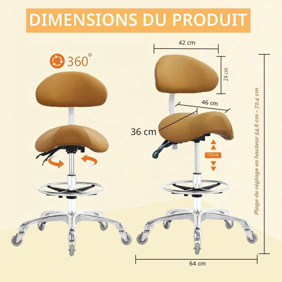 Tabouret de selle hydraulique pivotant réglable 158,8 kg support dorsal repose-pieds salon spa beauté massage clinique dentaire
