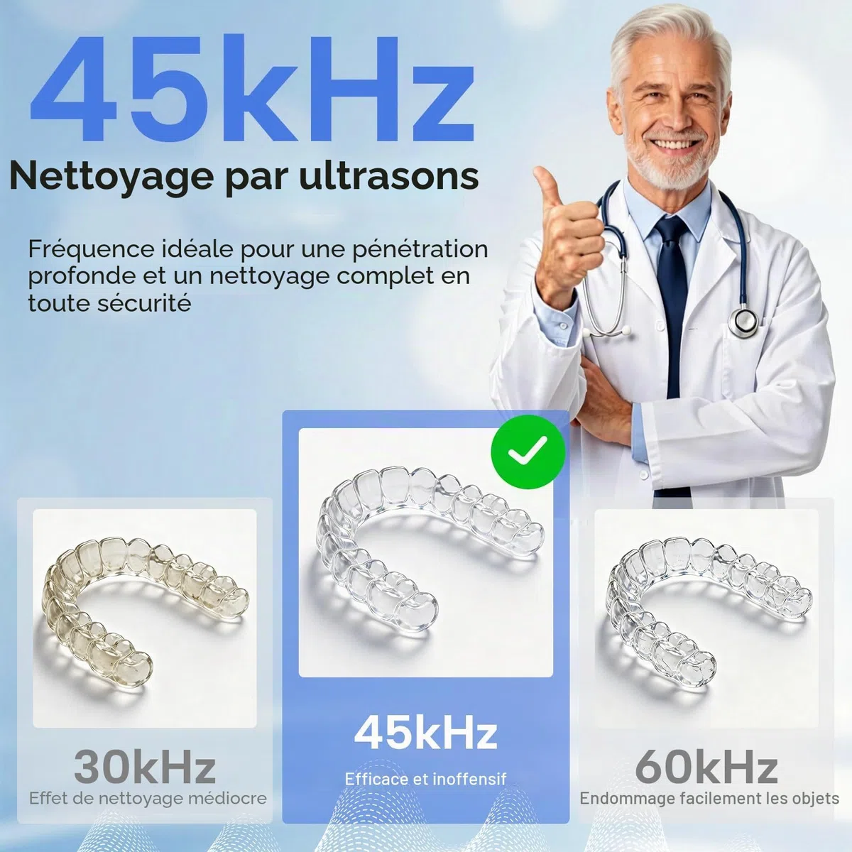 Nettoyeur Ultrasons 45000Hz Gouttière Dentaire 4 Lampes UV 200ml 4 Modes Nettoyage Prothèses Dentaires Bijoux Noir