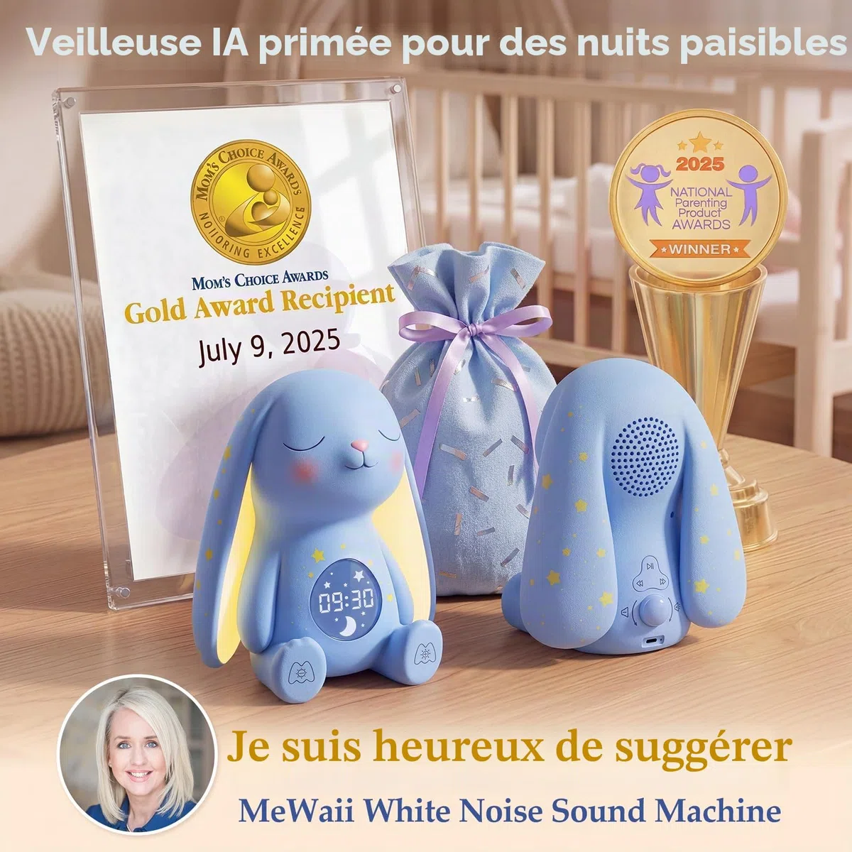 Mewaii Machine à Son pour Bébé avec Lumière Nuit, Détection des Pleurs, 100 Sons Relaxants, Contrôle App, Batterie Longue Durée