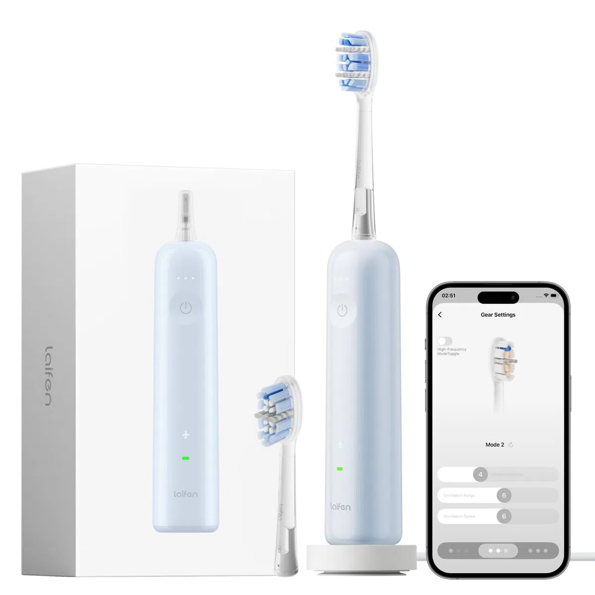 Laifen Wave Pro Brosse À Dents Électrique Technologie WaveMotion 60° Oscillation 66 000 VPM 70 Jours d'Autonomie Capteur de Pression Charge Sans Fil 2 Têtes Pro Bleu