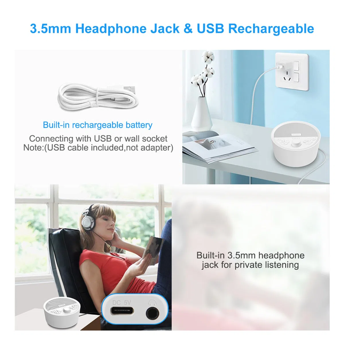 Exmate Machine de Bruit Blanc Portable avec veilleuse, 29 sons apaisants HIFI, contrôle du volume, minuterie, fonction de mémoire, blanc