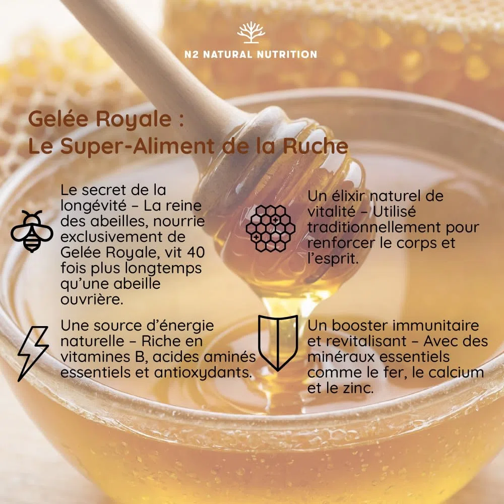 Gelee Royale Propolis Echinacea 200mg Vitamine C 60 Ampoules Anti Fatigue Royal Honey Renforcement Organisme Arôme Orange N2 Natural Nutrition