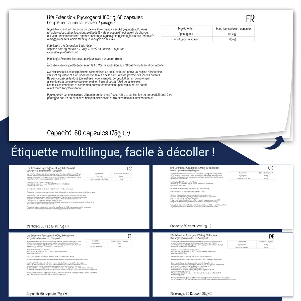 Life Extension, Pycnogenol, Extrait d'Écorce de Pin, 100mg, 60 Capsules végétaliennes, Sans Gluten, Végétarien, Sans Soja, Sans OGM