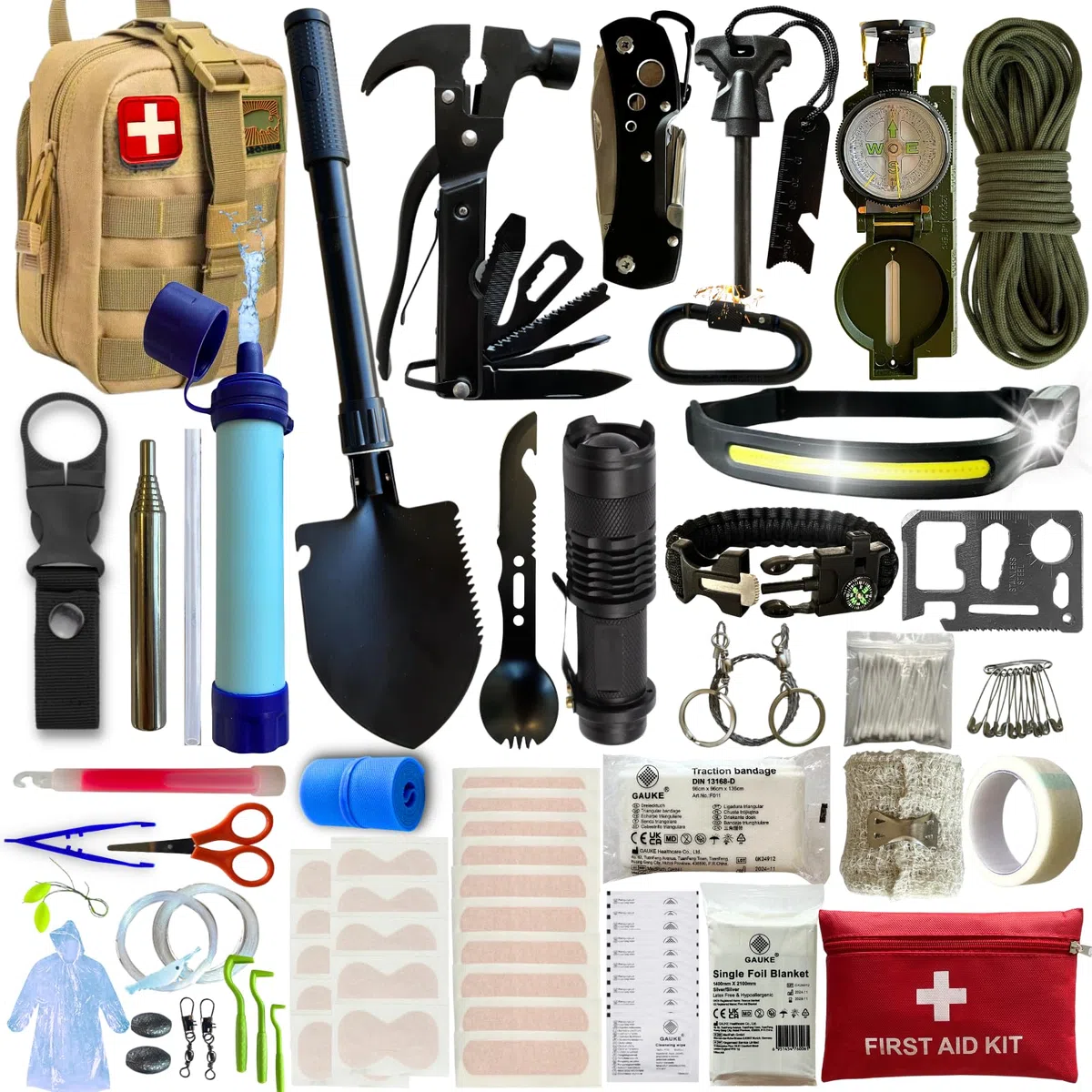 Kit de Survie Complet BIRKOSCH – 16 Outils + 82 Pièces Premiers Secours