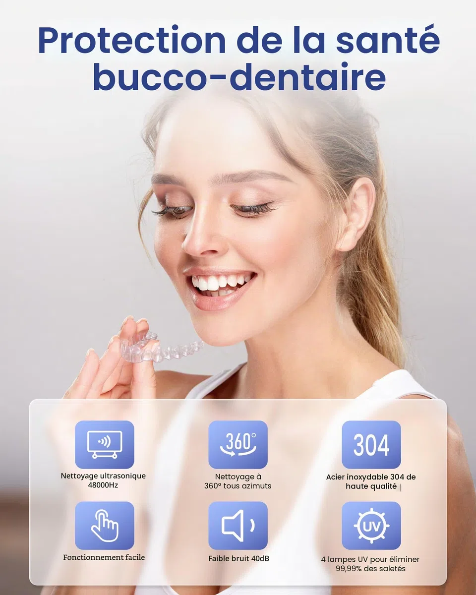 Nettoyeur Ultrasons 48kHz avec Stérilisation UV 375 ml 4 Modes pour Retenue Dentaire, Protège-Dents, Aligneur, Bijoux