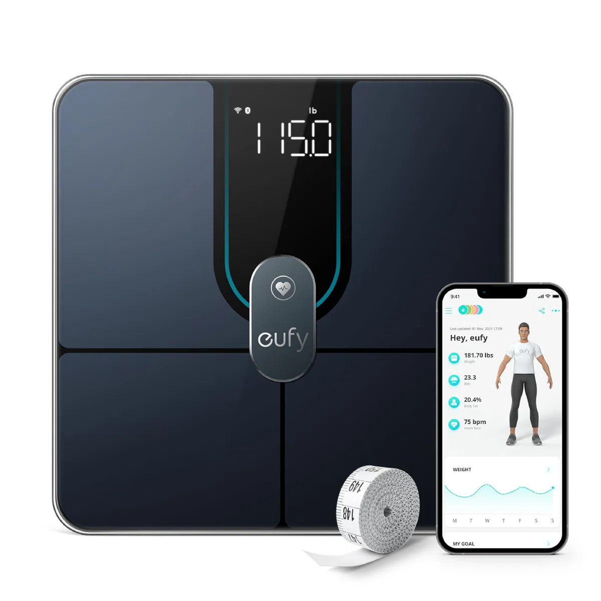 eufy P2 Pro Balance Connectée WiFi Bluetooth 16 Mesures Poids Fréquence Cardiaque Graisse Corporelle IMC Masse Musculaire Osseuse Mode Corps Virtuel 3D Précision 50 g/0,1 lb
