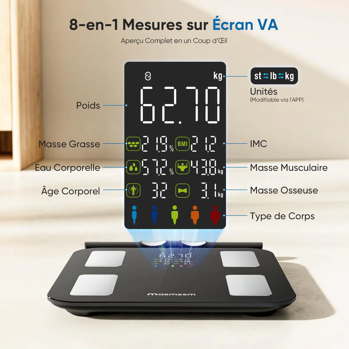 Balance Pèse-Personne 8 Électrodes Connectée Impédancemètre Grand Écran VA, 28 Métriques, BIA Double Fréquence, 30x30cm, 180kg