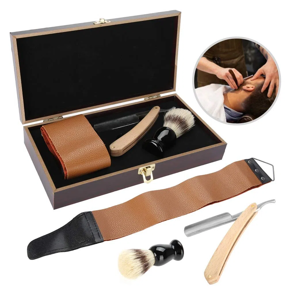 Kit de Rasage Traditionnel pour Hommes avec Brosse, Ceinture en Cuir et Boîte en Bois