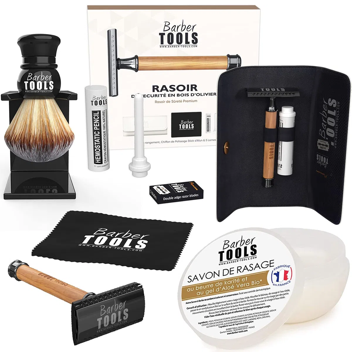 Kit de Rasage Rasoir de Sécurité + 5 Lames + Blaireau + Savon 150ml + Pierre d'Alun BARBER TOOLS