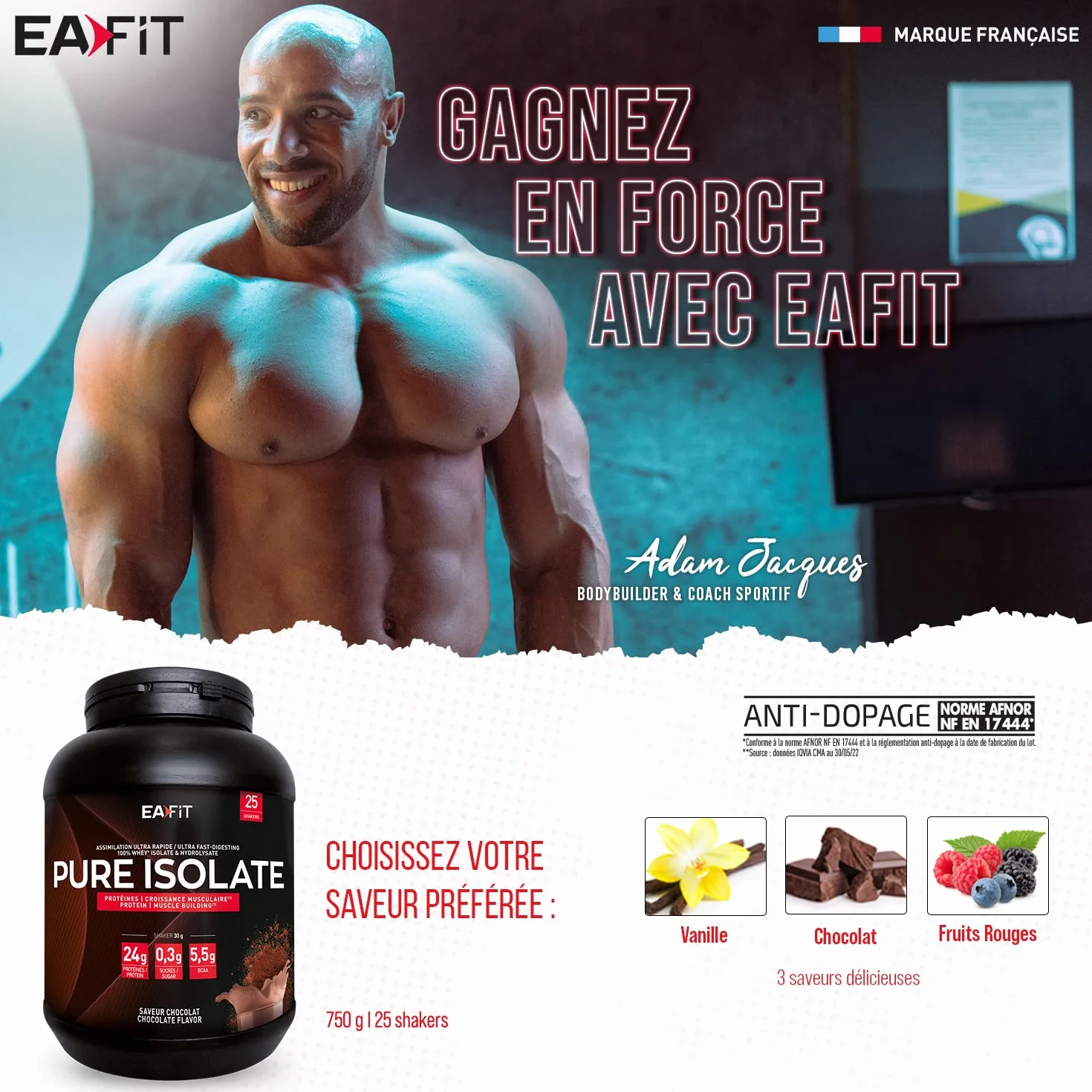 EAFIT Pure Isolate Whey Protein Isolate 27g Proteine 6.5g BCAA 750g Vanille
