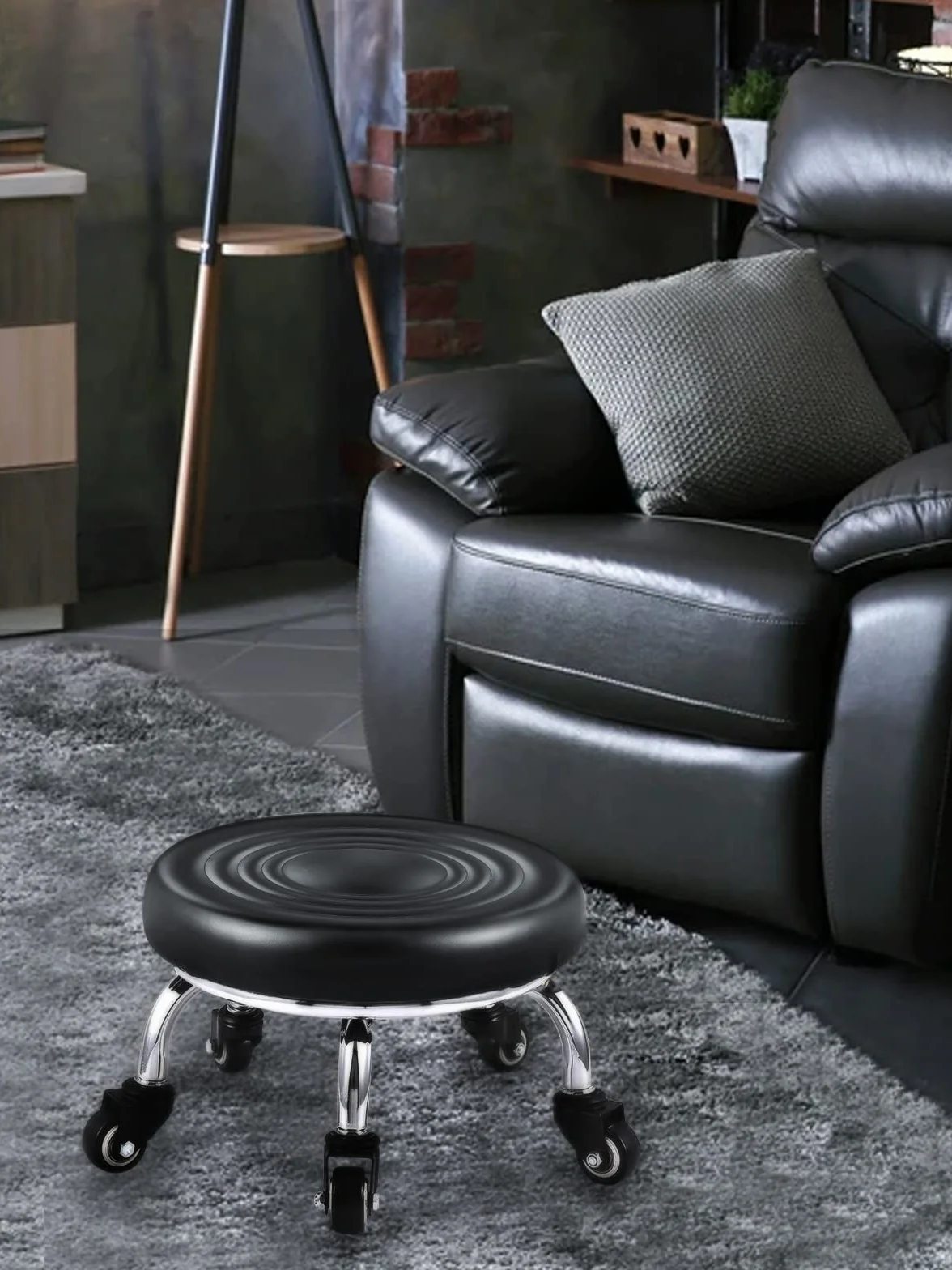 Kalolary Tabouret Pivotant à roulettes Réglable Siège Rond Base Métal Robuste Cuir Noir pour Salon Massage Coiffure Spa Thérapie Tatouage