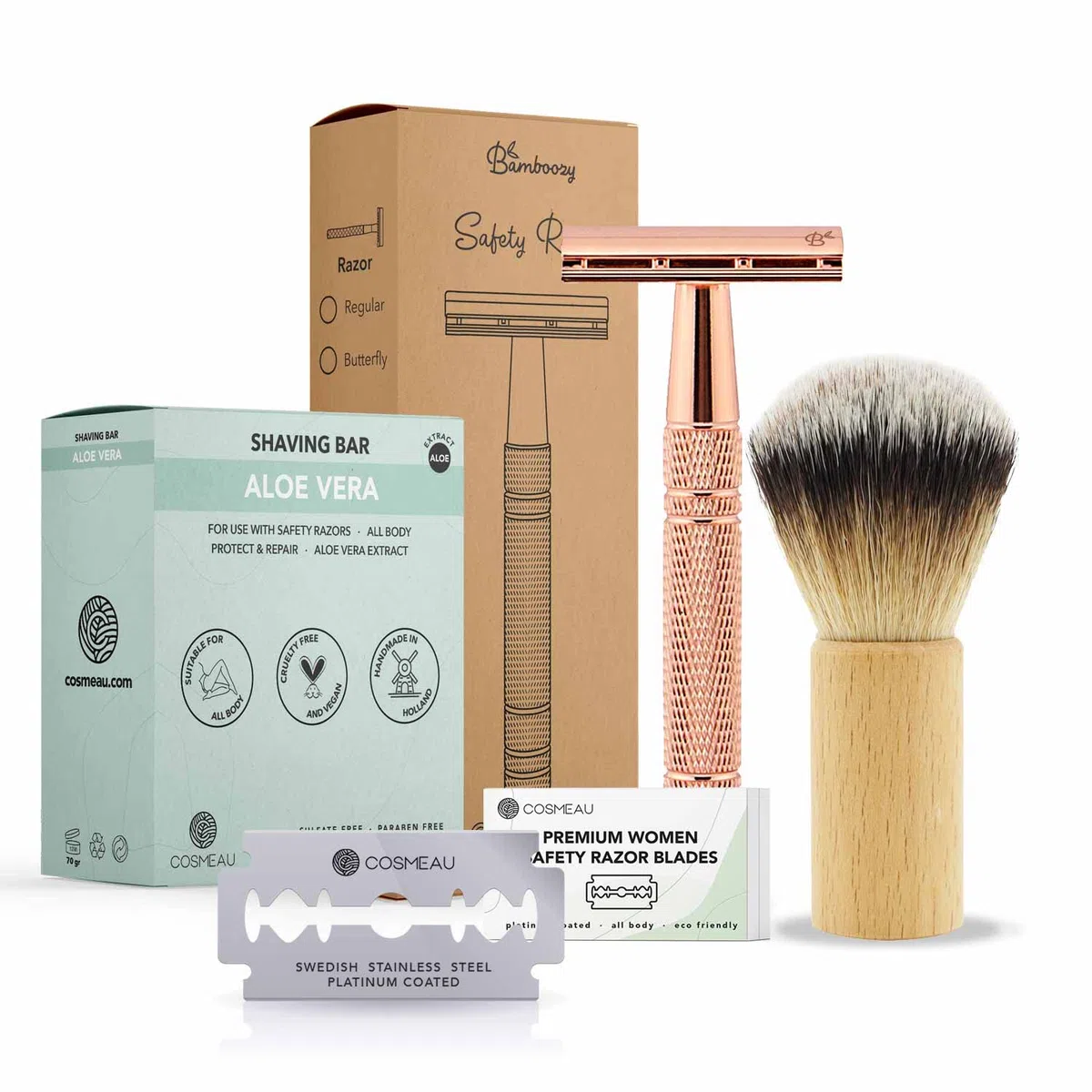 Kit de Rasage Femme Or Rose Aluminium - 20 Lames - Blaireau - Savon à Raser