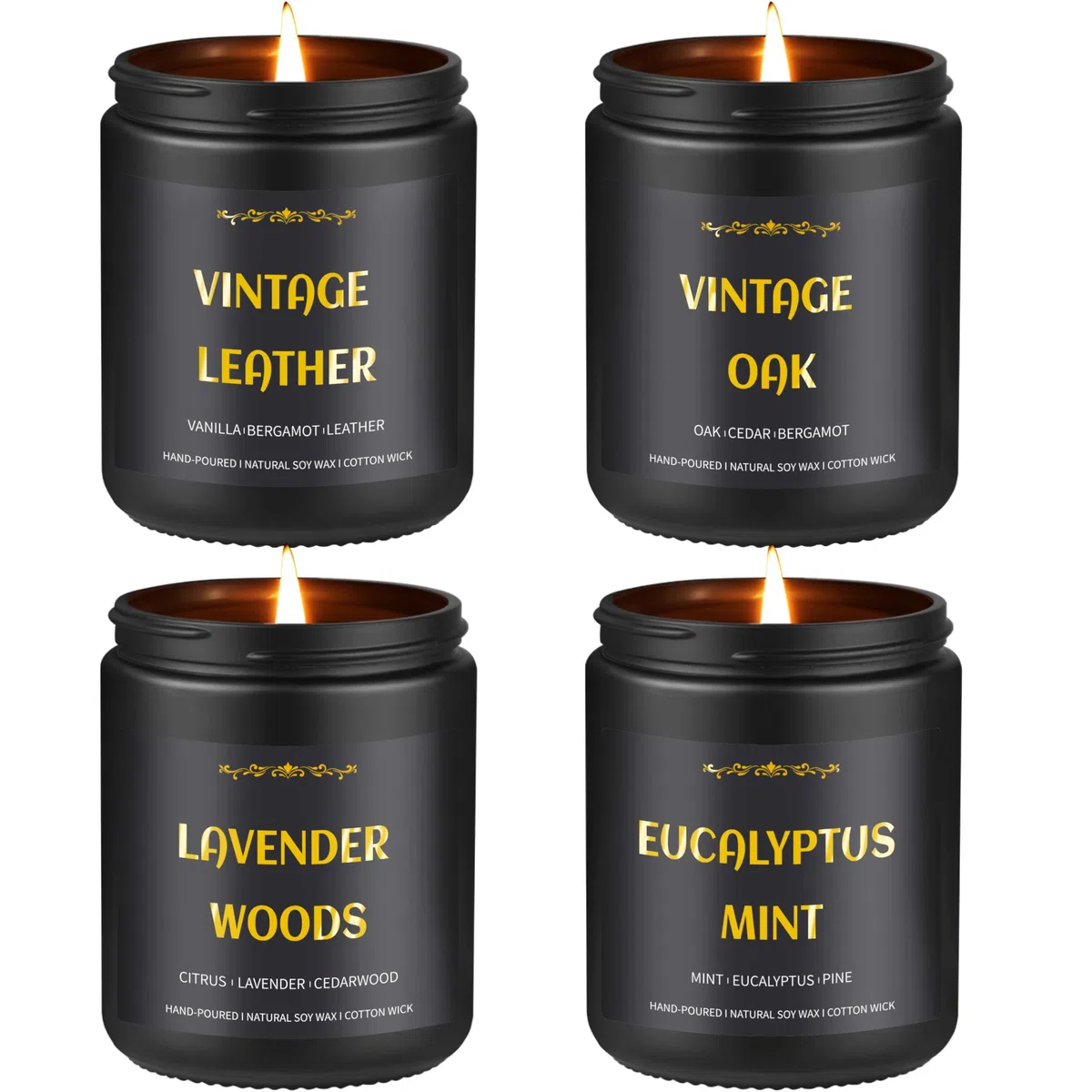 Bougies Parfumées pour Hommes Lot de 4, Bougies de Soja 790 ml, 200 Heures de Combustion, Lavande/Eucalyptus/Cuir/Chêne