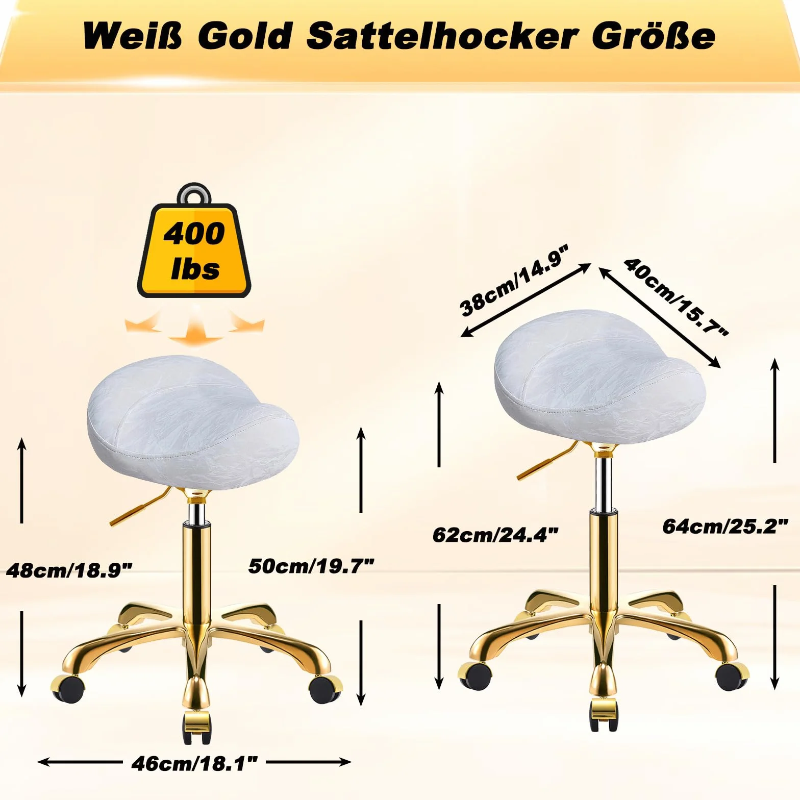 Tabouret Selle Doré à Roulettes Professionnel Réglable Hauteur Motif Glaciaire PU Cuir Pivotant Chaise pour Salon Spa (Blanc)