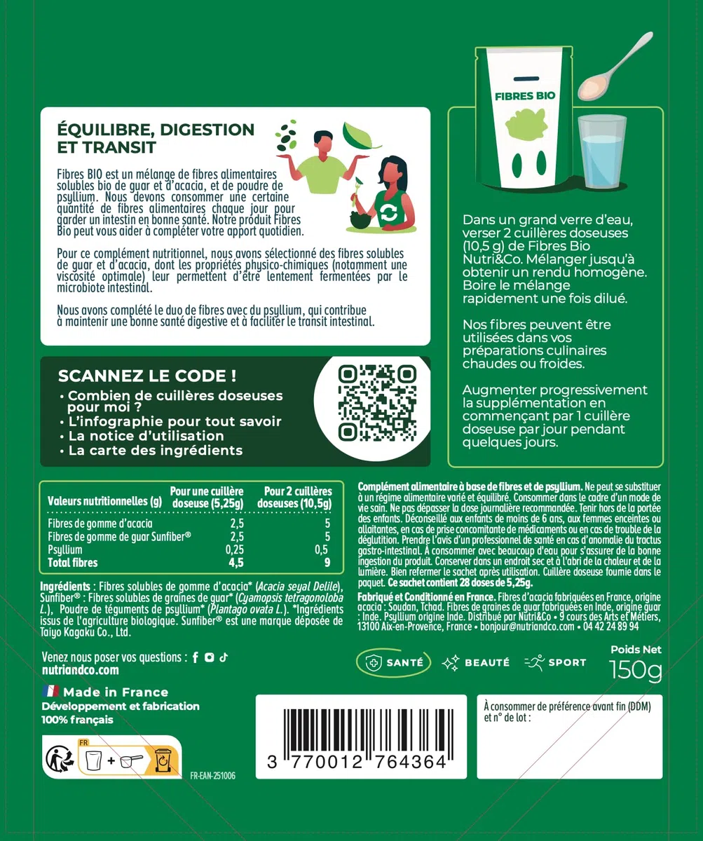 NUTRI & CO Fibres BIO Laxatif 100% Naturel 150 g Poudre Végétale Fabriqué en France