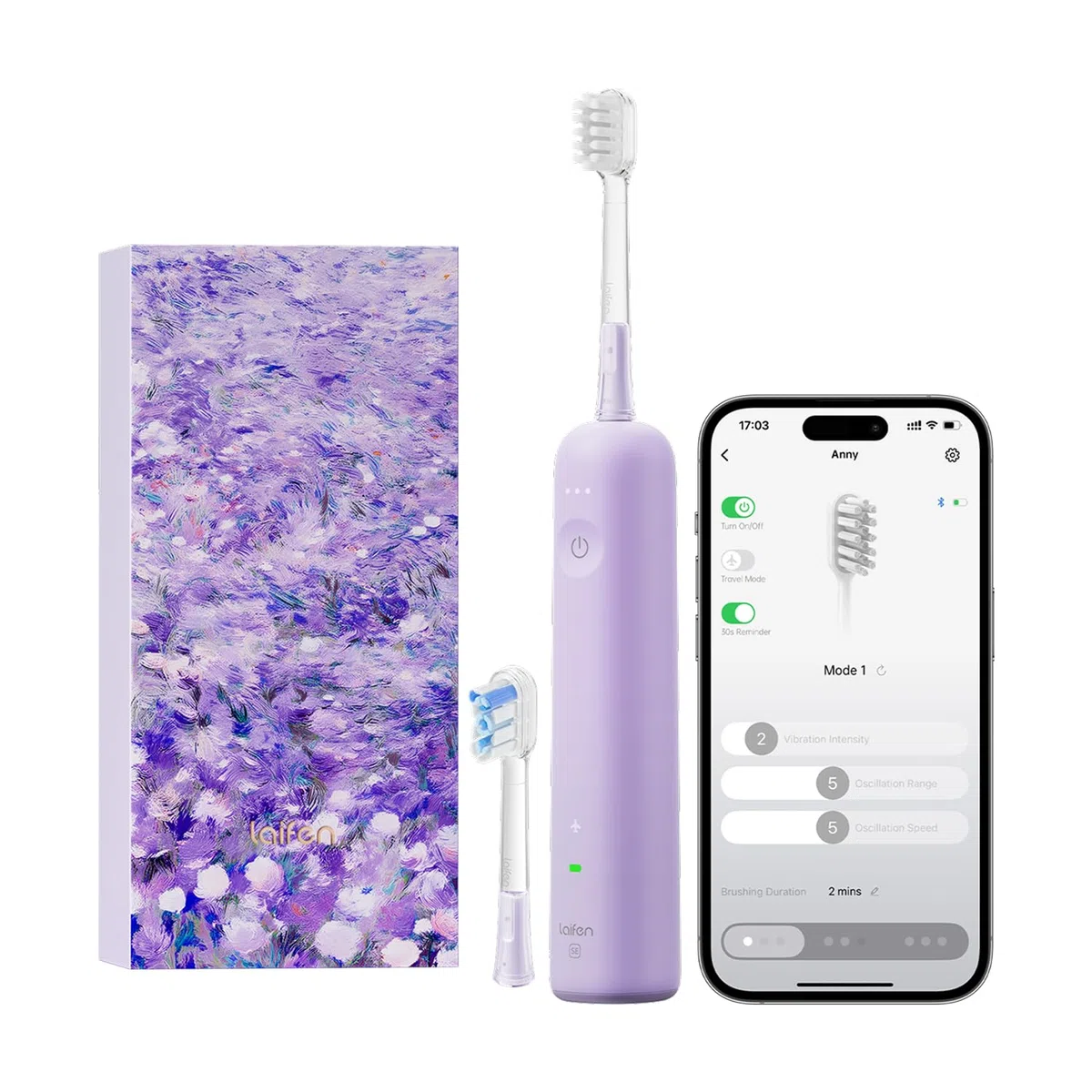 Laifen Wave Special Brosse À Dents Électrique Sonique Pionnière 60° Oscillation Vibration Autonomie 50 Jours 2 Têtes de Brosse Étanchéité IP68 Acceptée par l’ADA pour Voyage (Édition Spéciale Lavande)