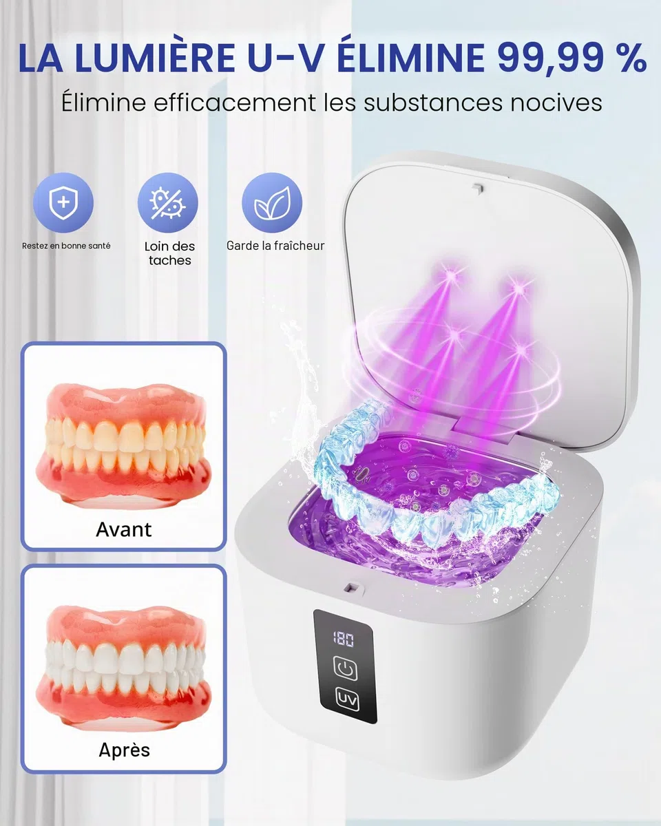 Nettoyeur Ultrasons 48kHz avec Stérilisation UV 375 ml 4 Modes pour Retenue Dentaire, Protège-Dents, Aligneur, Bijoux