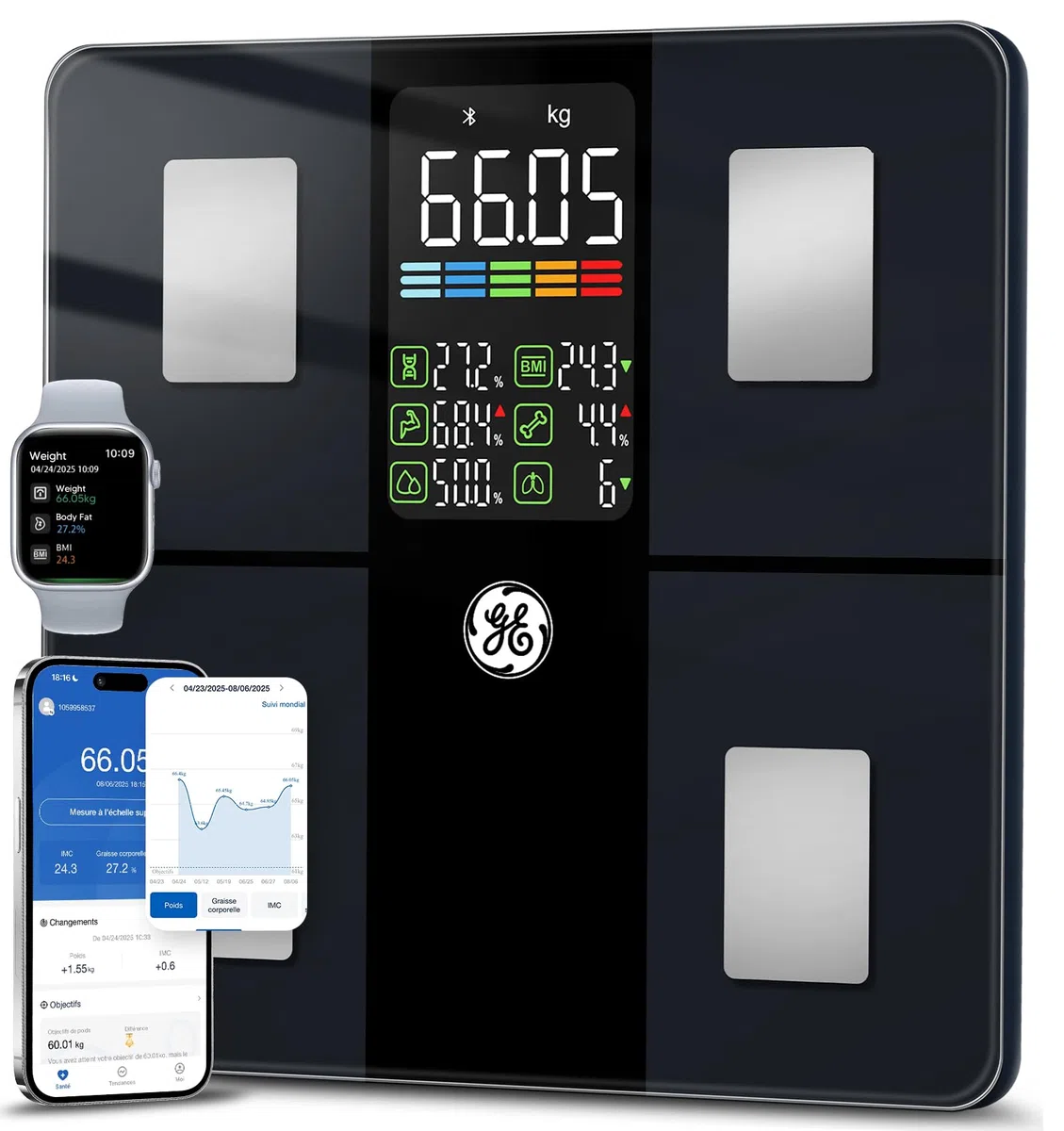 Balance Connectée Smart GE Pese Personnes avec Grand Écran 14 Données Corporelles Masse Graisseuse et Musculaire IMC Bluetooth 180 kg Noir