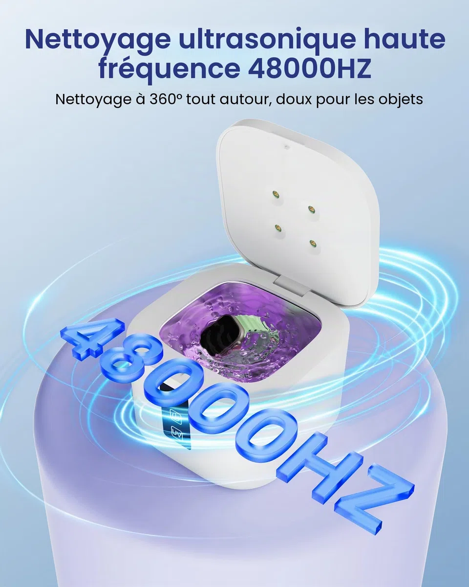 Nettoyeur Ultrasons 48kHz avec Stérilisation UV 375 ml 4 Modes pour Retenue Dentaire, Protège-Dents, Aligneur, Bijoux