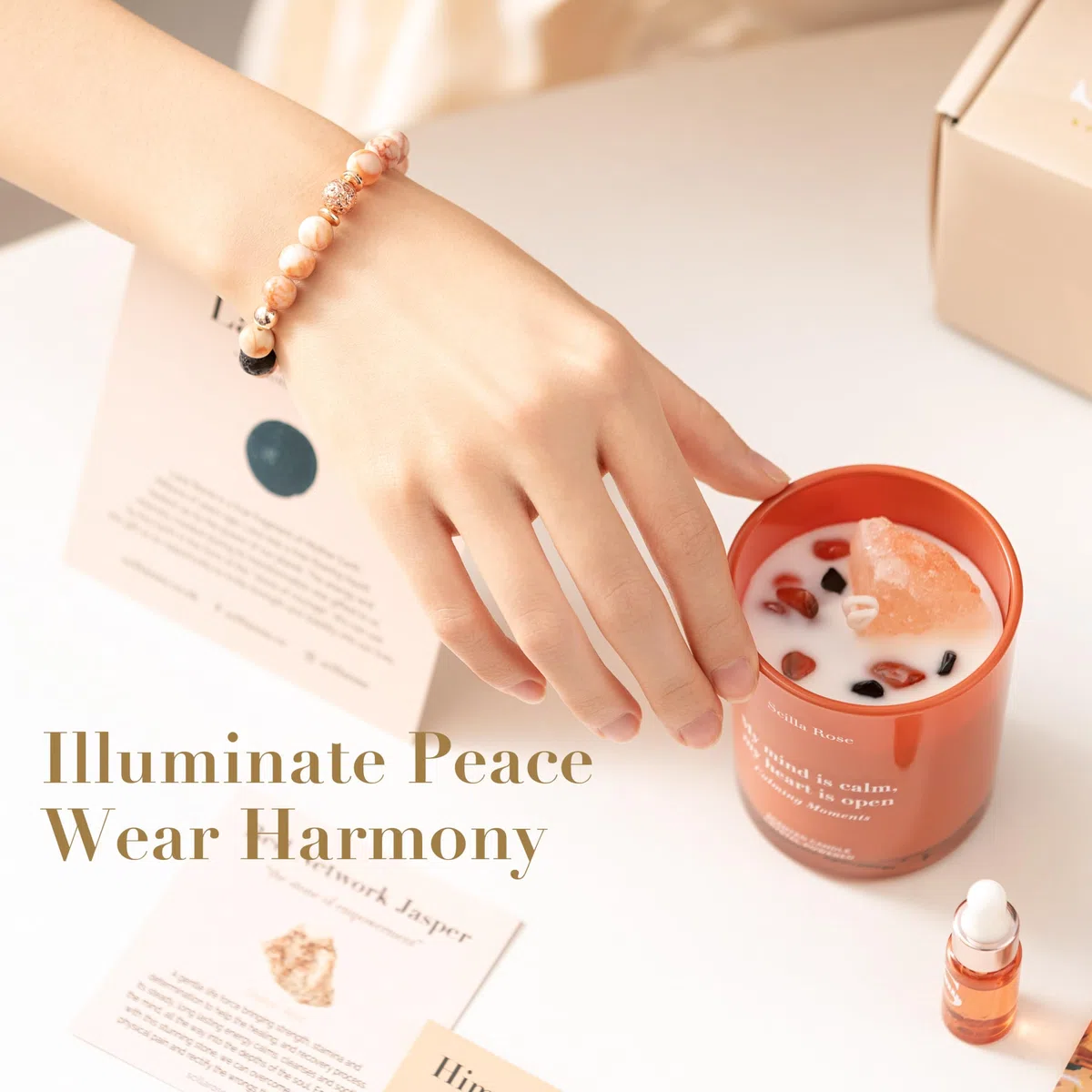 Bracelet Diffuseur d'Huiles Essentielles pour Femme avec Bougie Parfumée Cristal Luxueuse - Huile 'Inner Peace' pour Sommeil