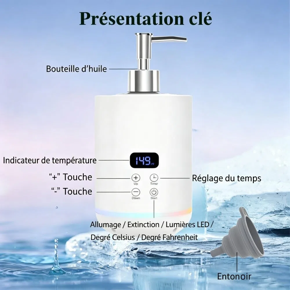 Chauffe-huile de massage avec deux distributeurs à pompe, écran LED, pour spa et salon (Blanc)