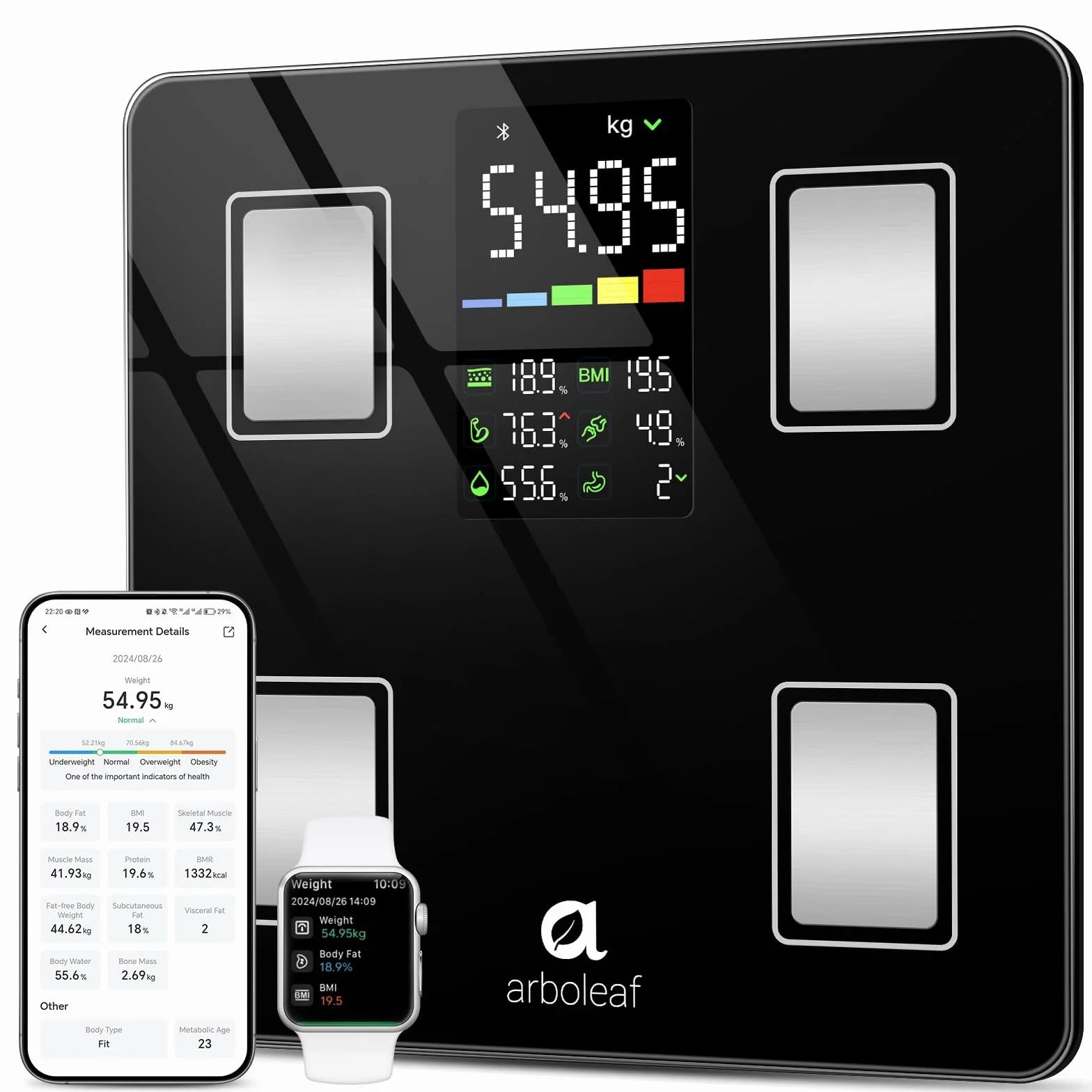 Arboleaf Pèse-personne Intelligent Bluetooth, Analyse Graisse Corporelle, Masse Musculaire, Grand Écran LED 180 kg