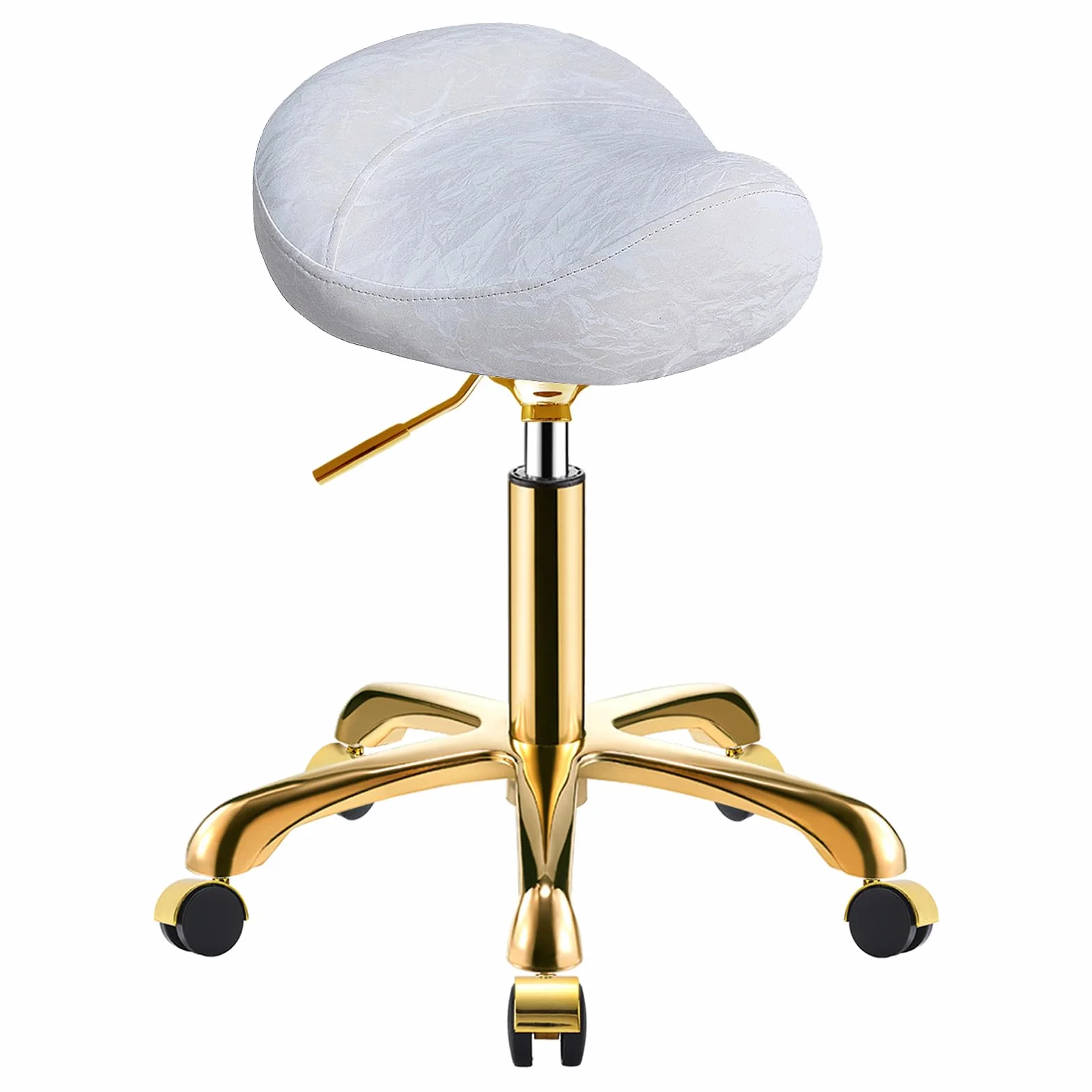 Tabouret Selle Doré à Roulettes Professionnel Réglable Hauteur Motif Glaciaire PU Cuir Pivotant Chaise pour Salon Spa (Blanc)