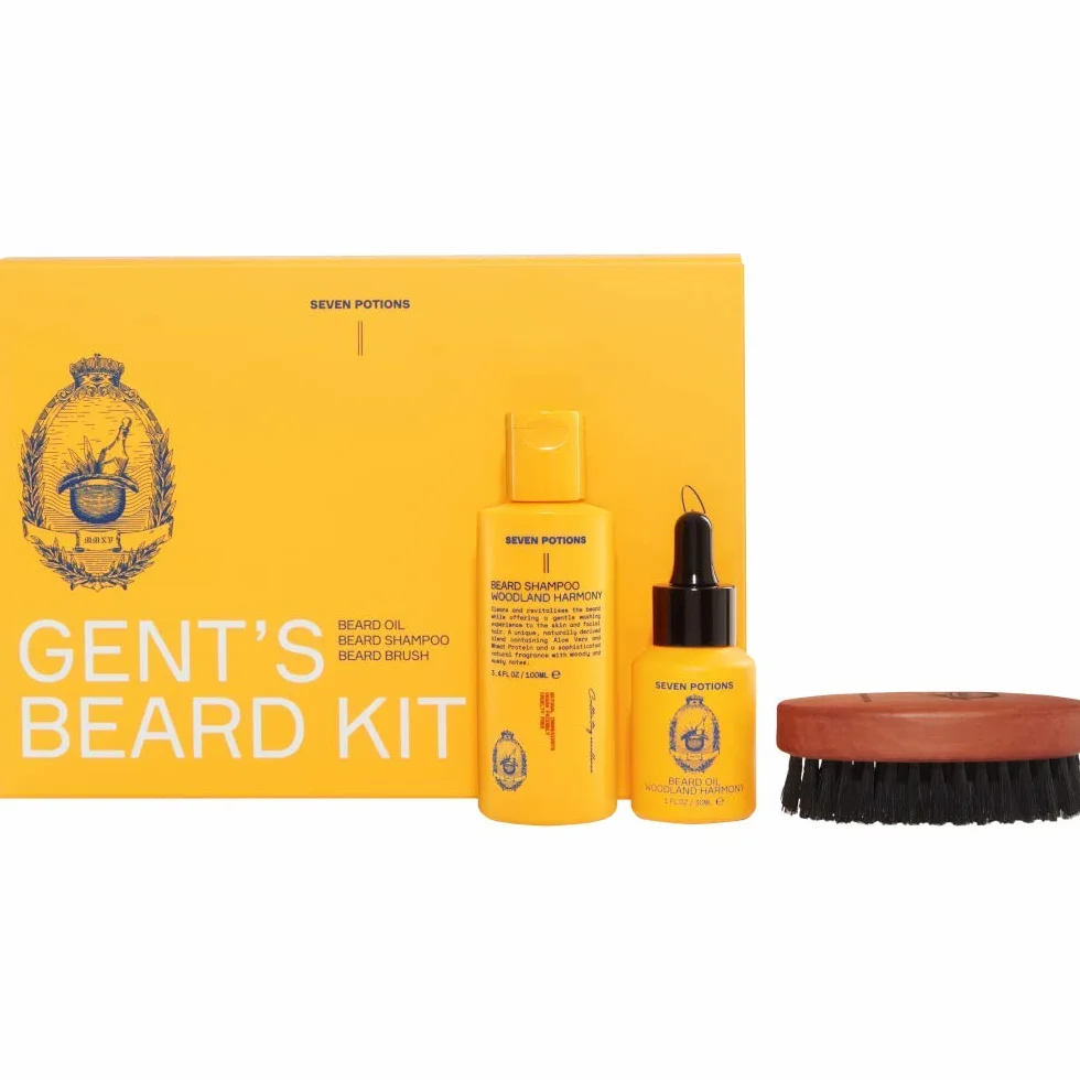 Seven Potions Ensemble de toilettage pour barbe — Shampooing, huile et brosse — Kit de soins pour homme