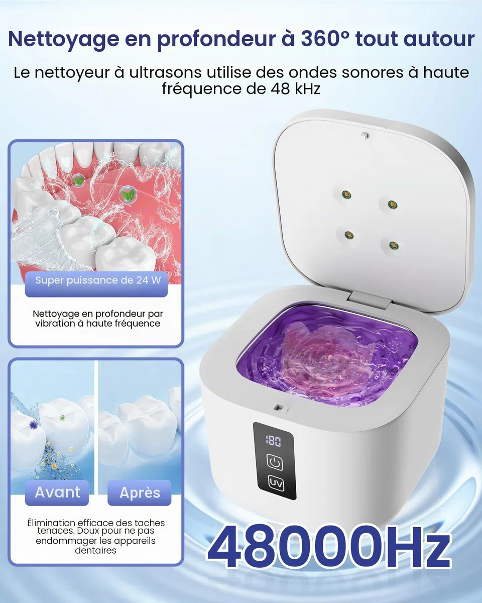 Nettoyeur Ultrasons 48kHz avec Stérilisation UV 375 ml 4 Modes pour Retenue Dentaire, Protège-Dents, Aligneur, Bijoux