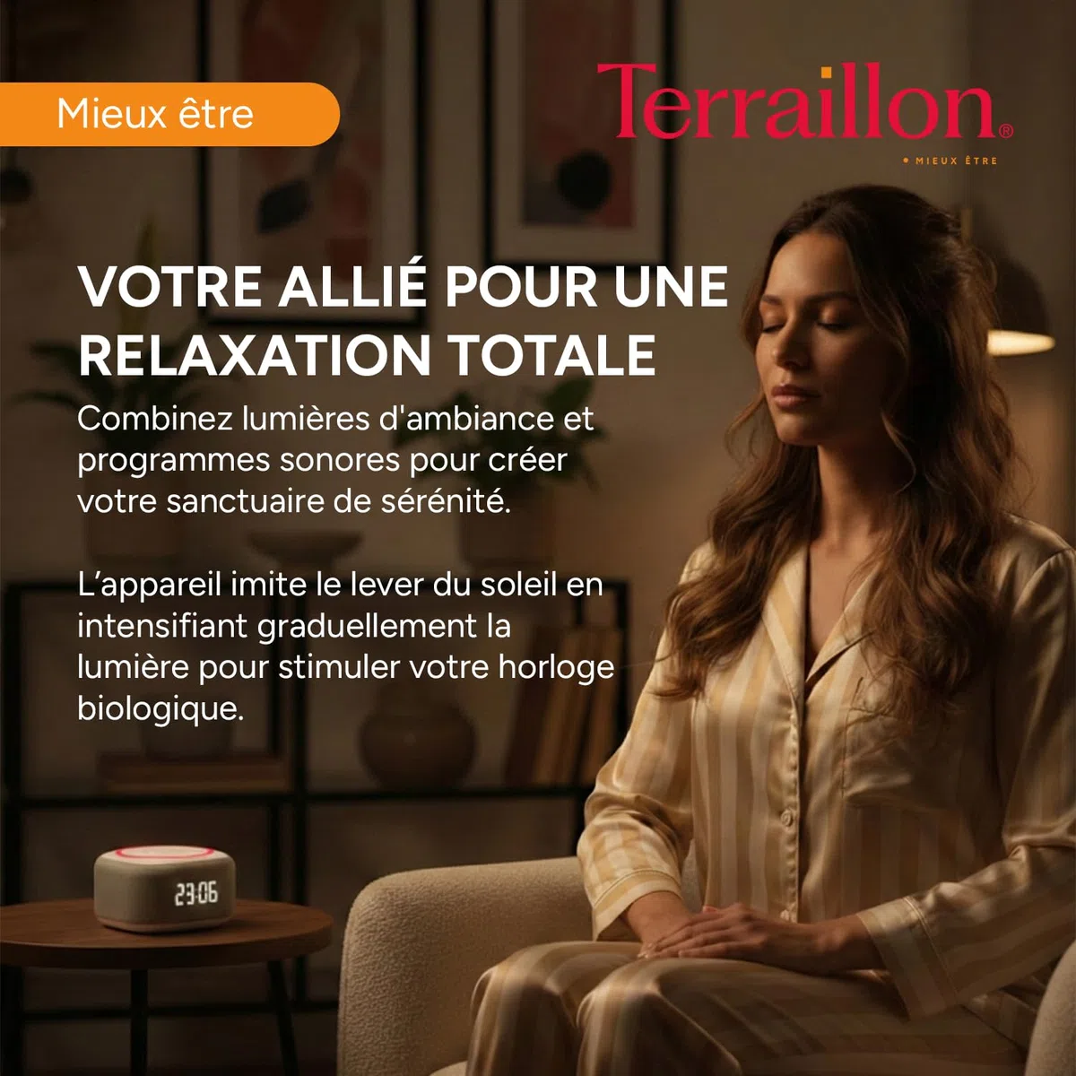 TERRAILLON - ZEN RISE - Aide à l'endormissement et relaxation, Réveil et simulateur d'aube, 10 ambiance sonores et 4 modes lumineux, Prog 10/30/60 min, Bluetooth, USB-C