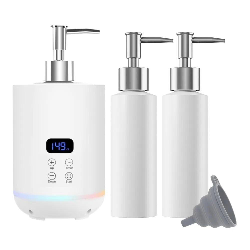 Chauffe-huile de massage avec deux distributeurs à pompe, écran LED, pour spa et salon (Blanc)