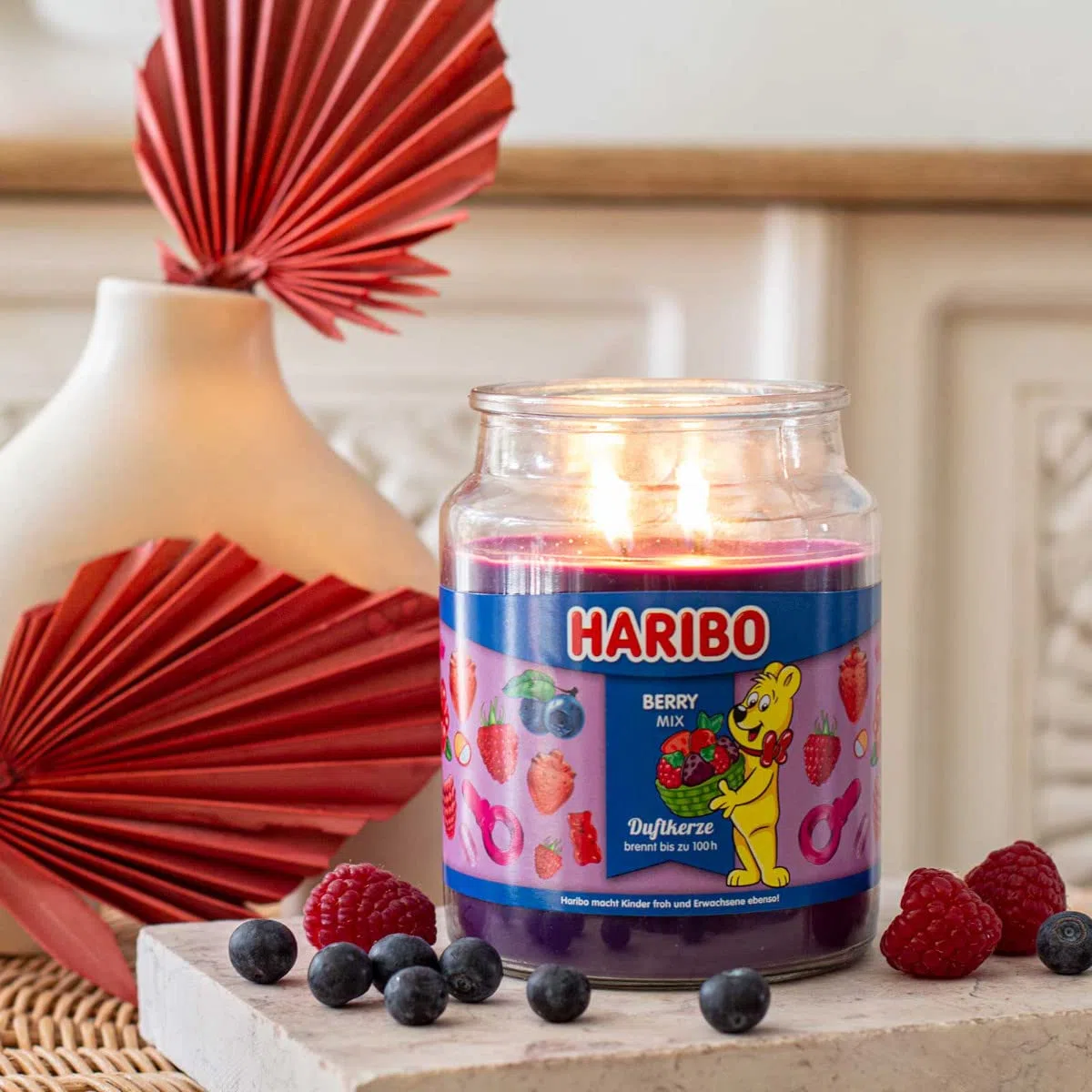 Haribo Bougie parfumée Berry Mix, bougie en verre, parfum de baies 100h 510g