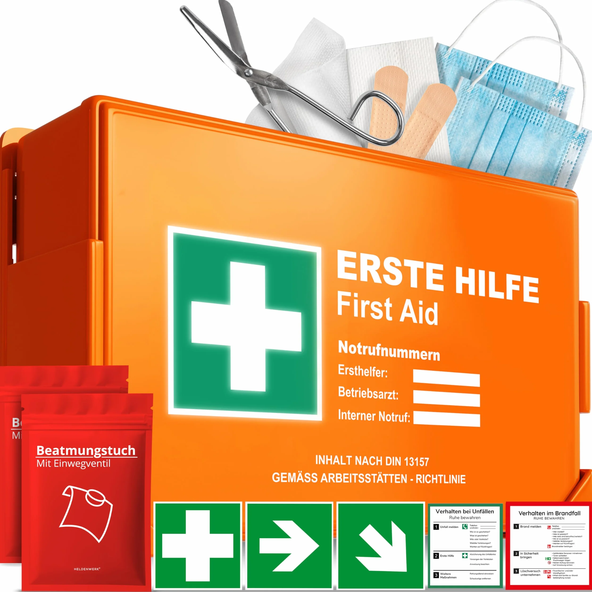 Trousse de premiers secours DIN 13157:2021 avec support mural et autocollants – Mallette universelle pour entreprise