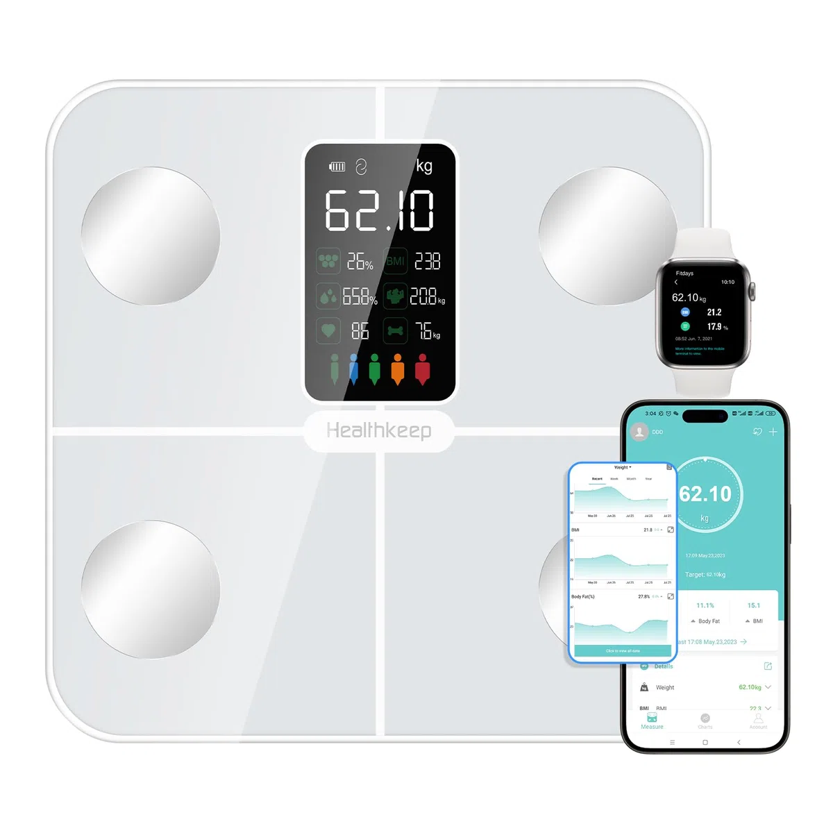 Healthkeep Balance Connectée Impédancemètre Pèse Personne avec Affichage VA 15 Données Corporelles Fréquence Cardiaque Max. 180kg/400lb Blanc