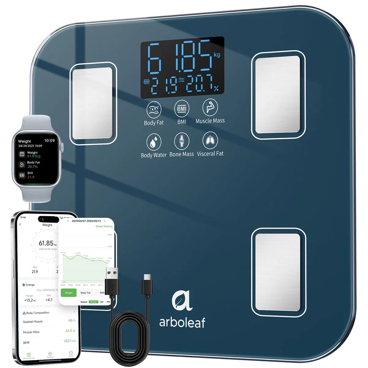 Arboleaf Balance Impédancemètre Rechargeable USB, Pèse Personne Masse Graisseuse et Muscle, IMC 14 Paramètres, 180 kg