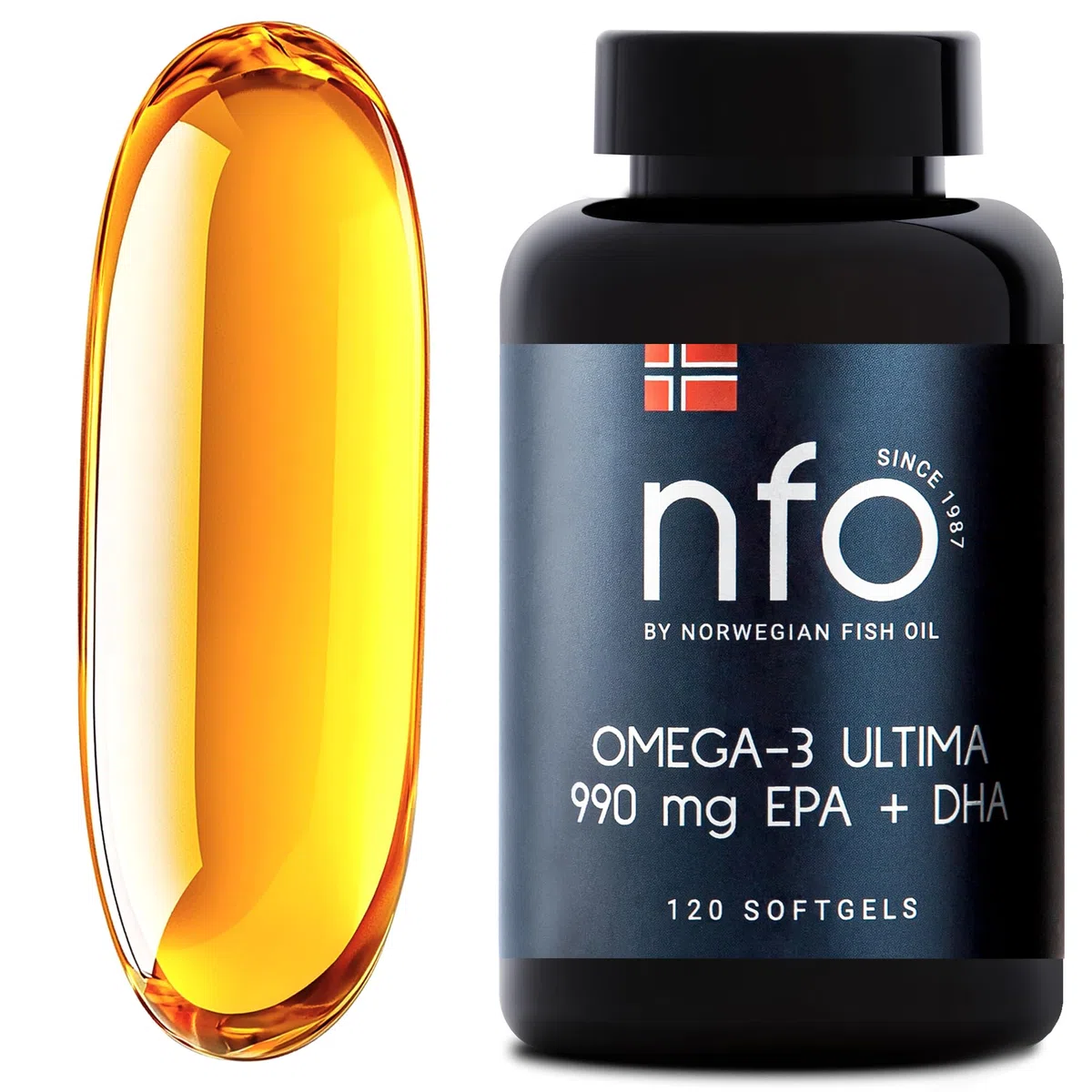 NFO OMEGA 3 ULTIMA [120 Gélules] Huile de poisson Omega 3 norvégienne à concentration maximale en Omega 3 DHA EPA en triglycérides, Avec vitamine E, Oméga 3 hautement dosés, Complexe d’acides aminés