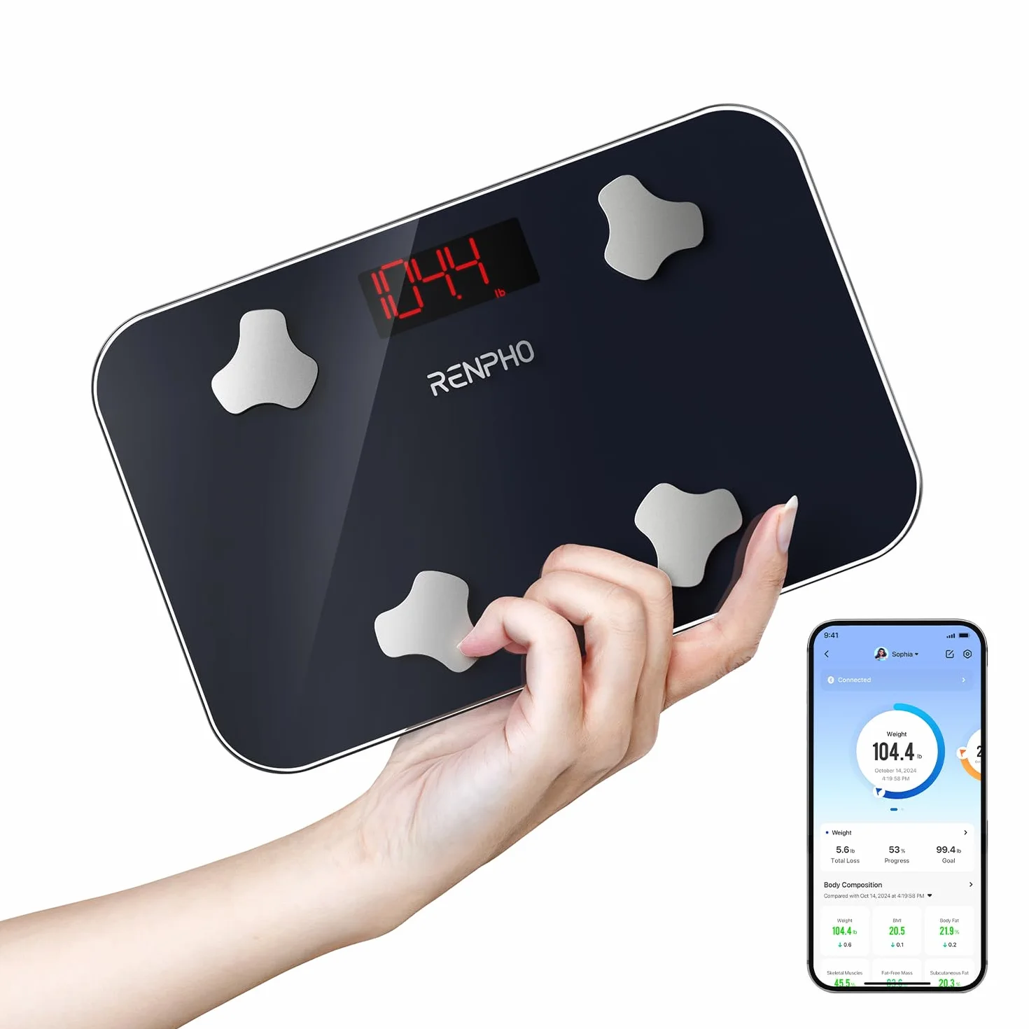 RENPHO Balance Pèse-personne Mini, Masse Graisseuse et Musculaire, Portable Synchronisable avec Apps, 180kg, 28x18cm