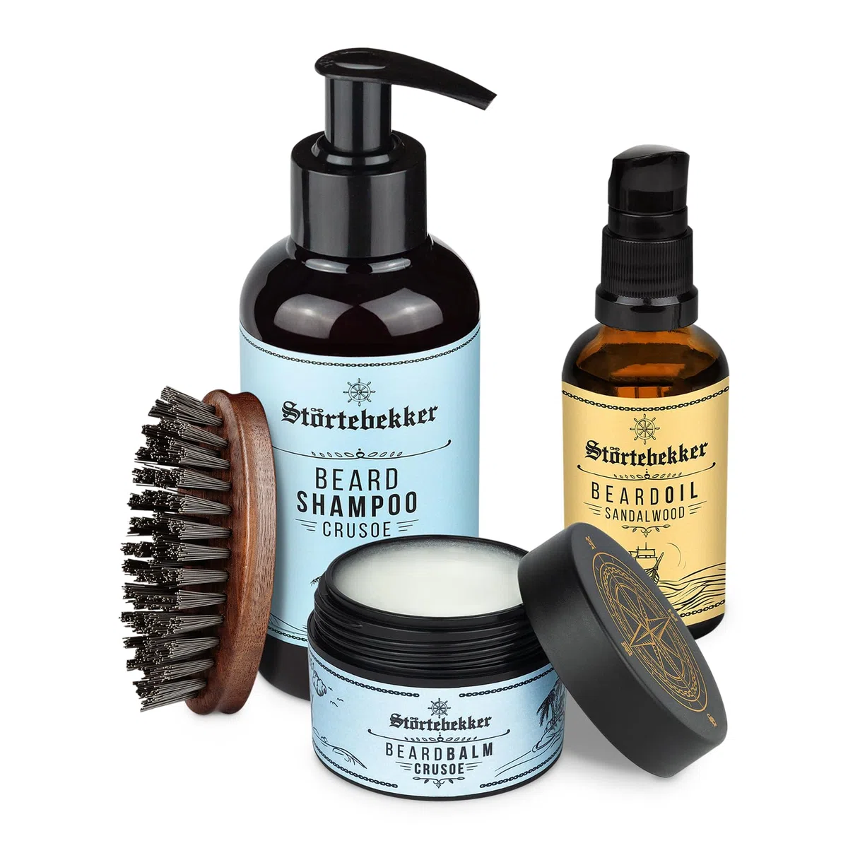 Störtebekker® Kit anti-démangeaisons Premium – Huile à barbe Bois de Santal, baume, brosse, shampoing